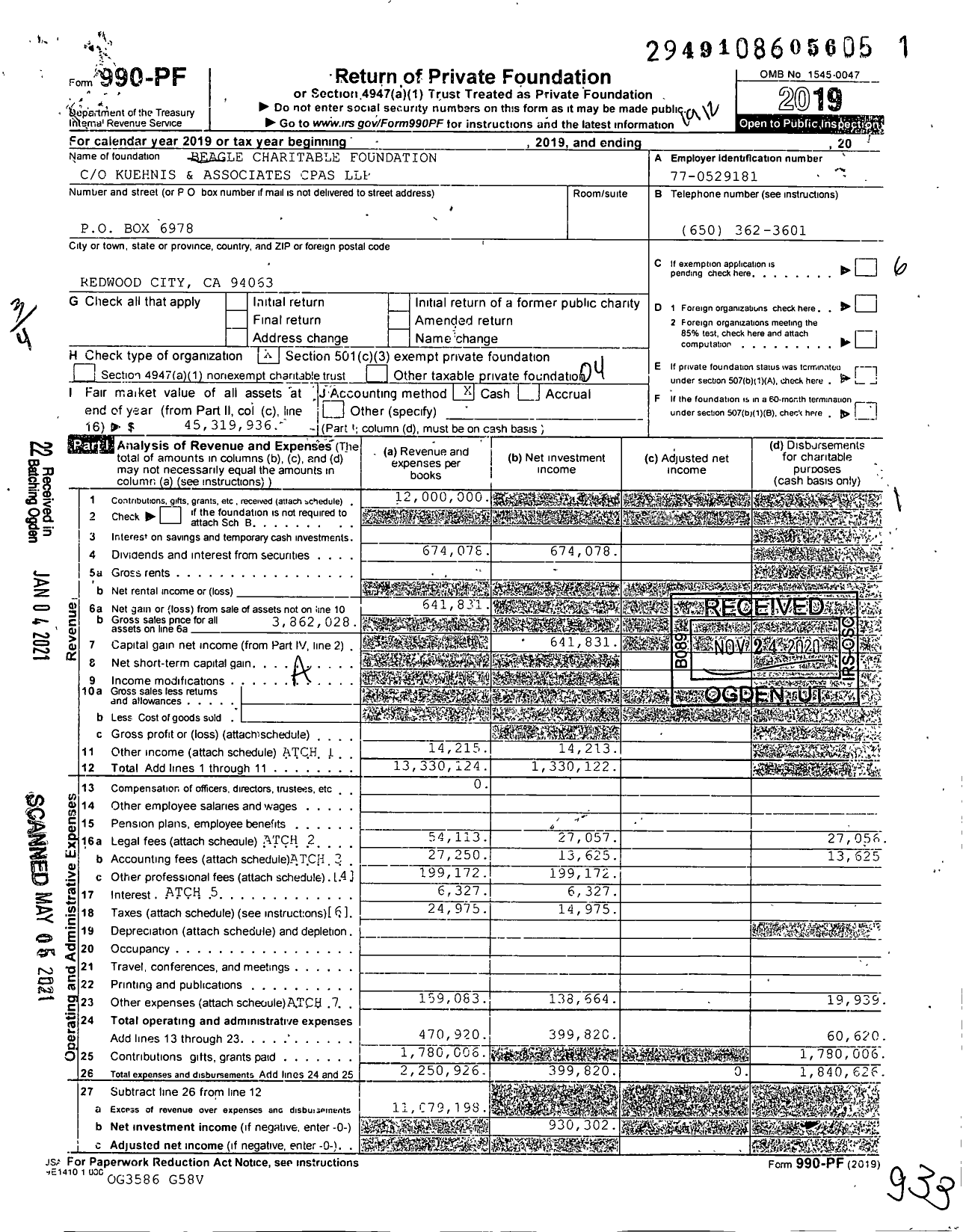 Image of first page of 2019 Form 990PF for Beagle Charitable Foundation