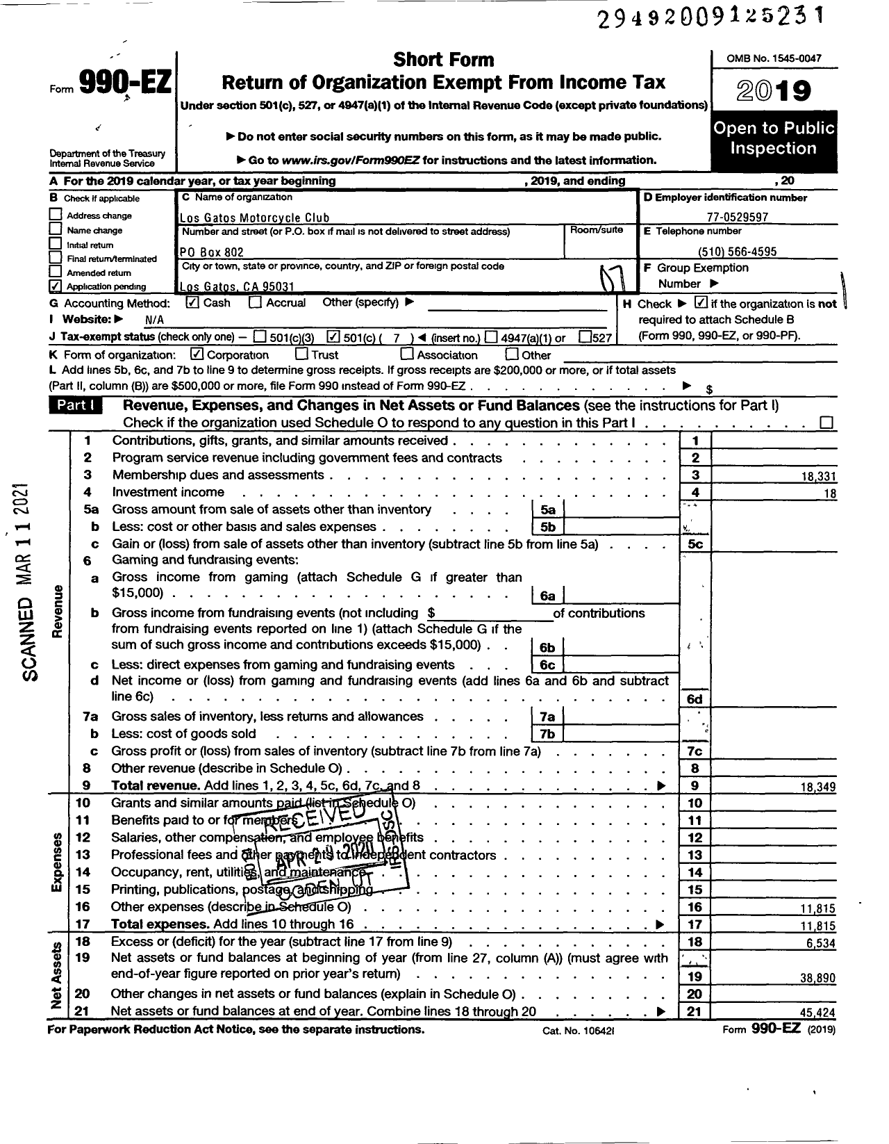 Image of first page of 2019 Form 990EO for Los Gatos Motorcycle Club