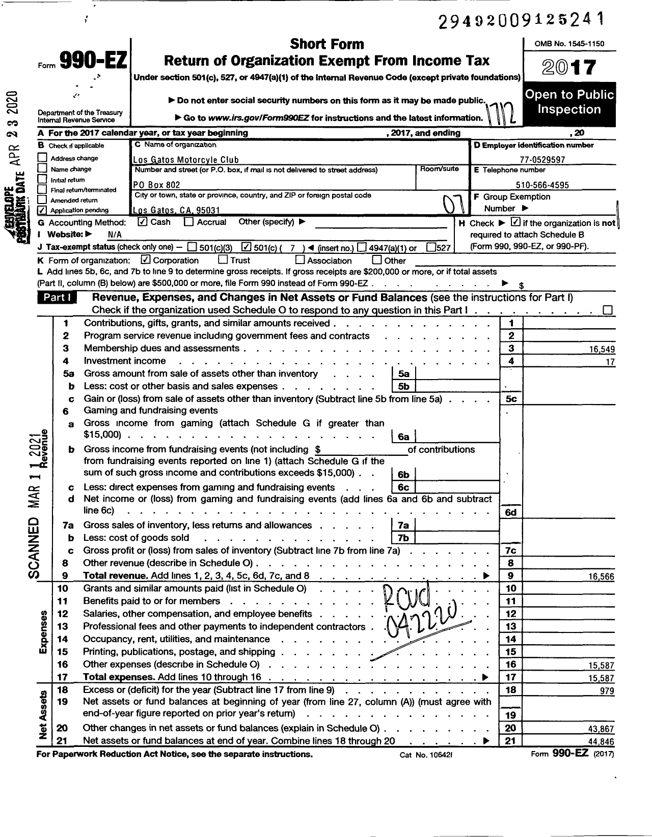 Image of first page of 2017 Form 990EO for Los Gatos Motorcycle Club