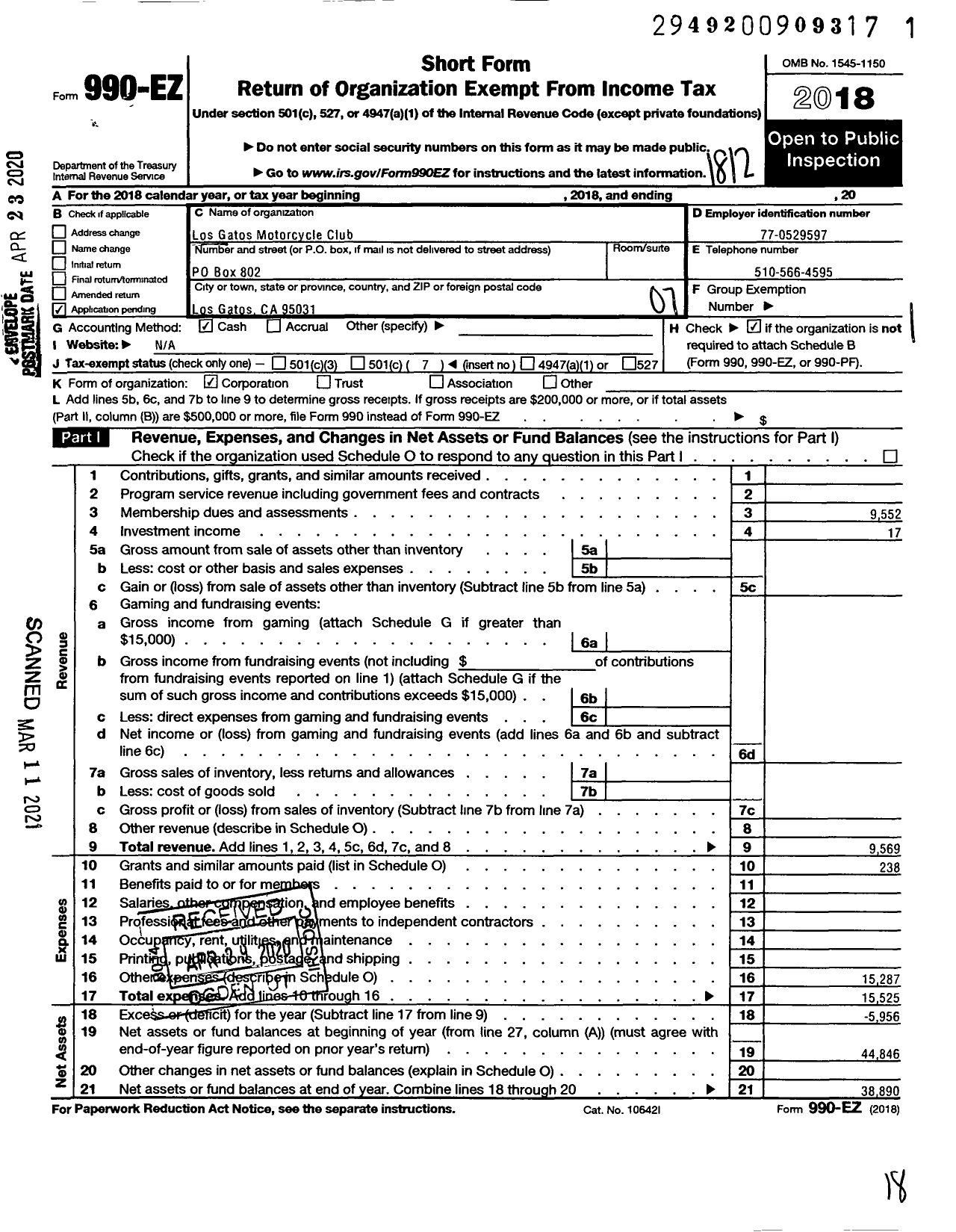 Image of first page of 2018 Form 990EO for Los Gatos Motorcycle Club