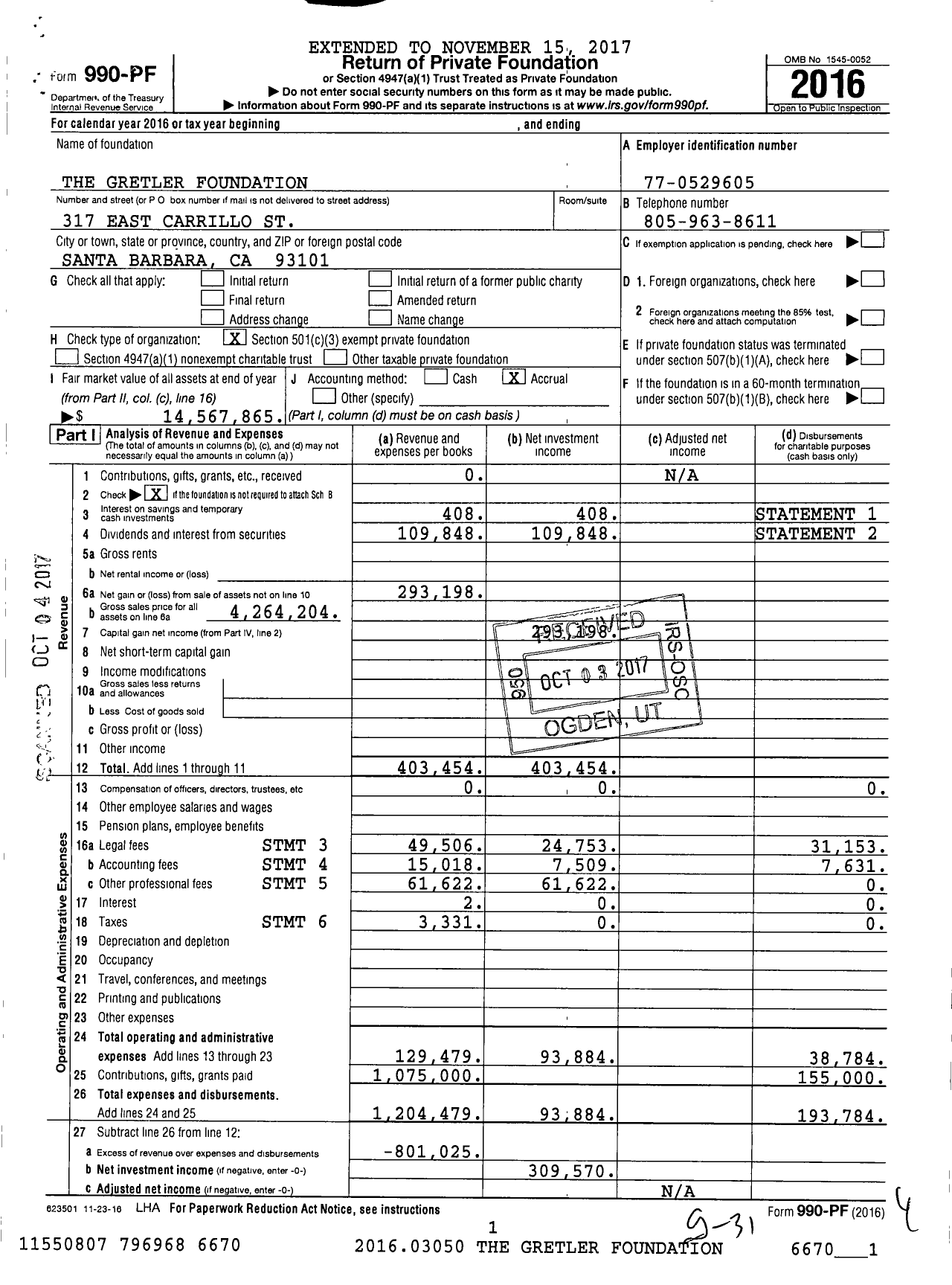 Image of first page of 2016 Form 990PF for The Gretler Foundation