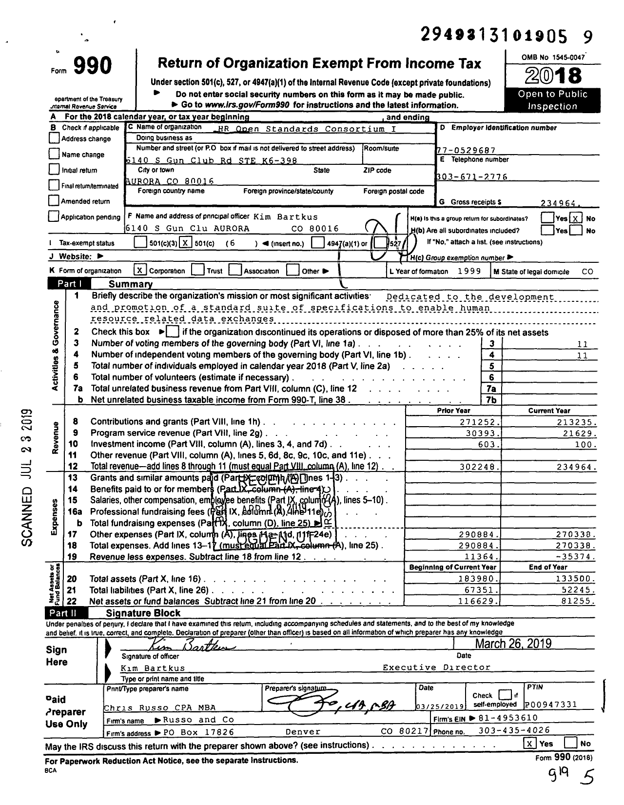 Image of first page of 2018 Form 990O for HR Open Standards Consortium I