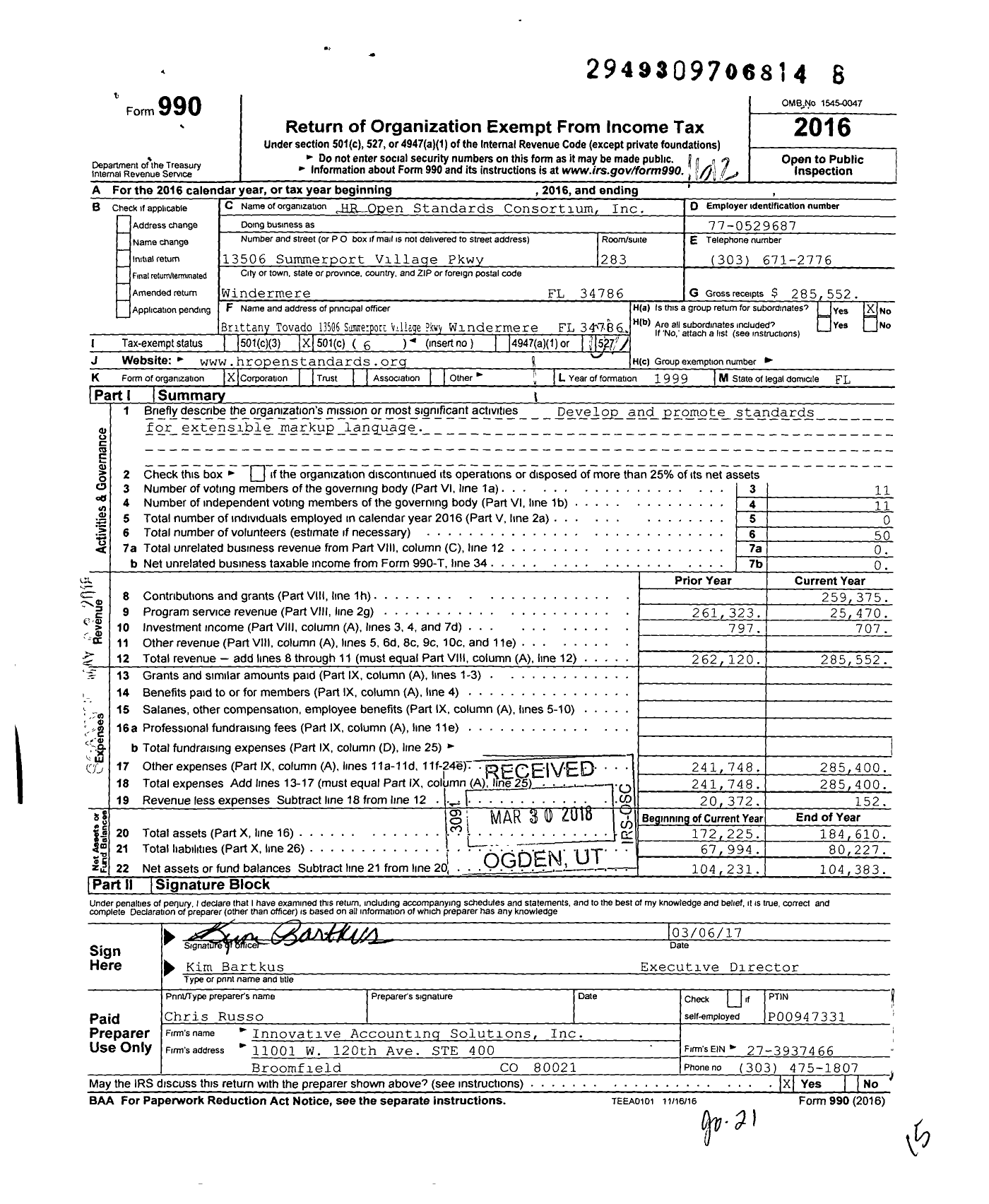 Image of first page of 2016 Form 990O for HR Open Standards Consortium I