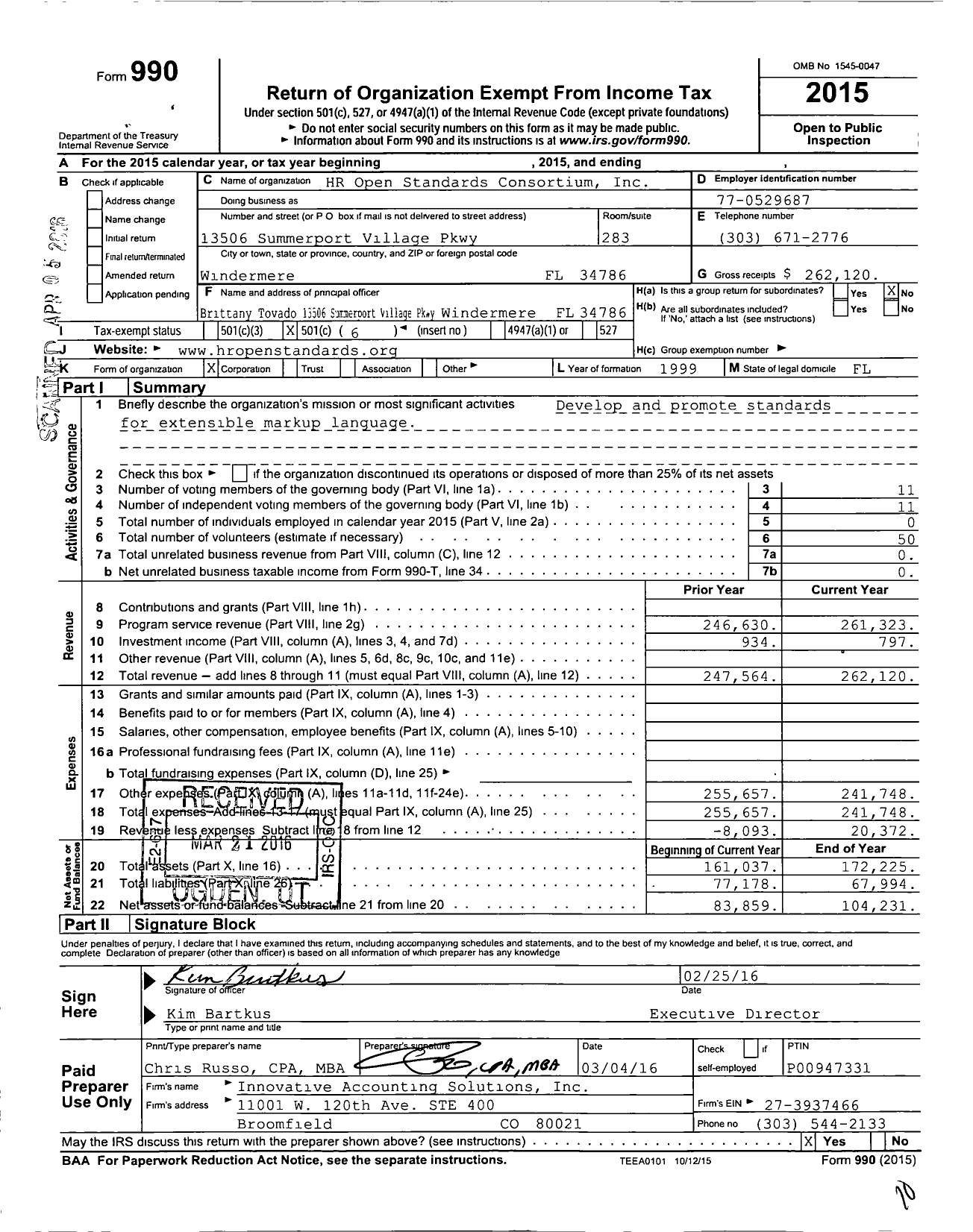 Image of first page of 2015 Form 990O for HR Open Standards Consortium I