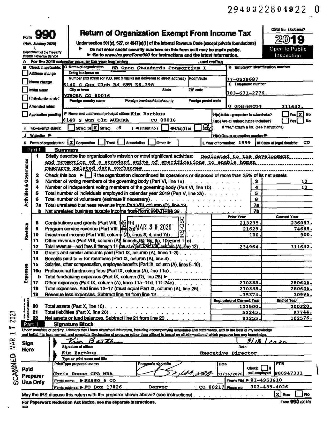 Image of first page of 2019 Form 990O for HR Open Standards Consortium I