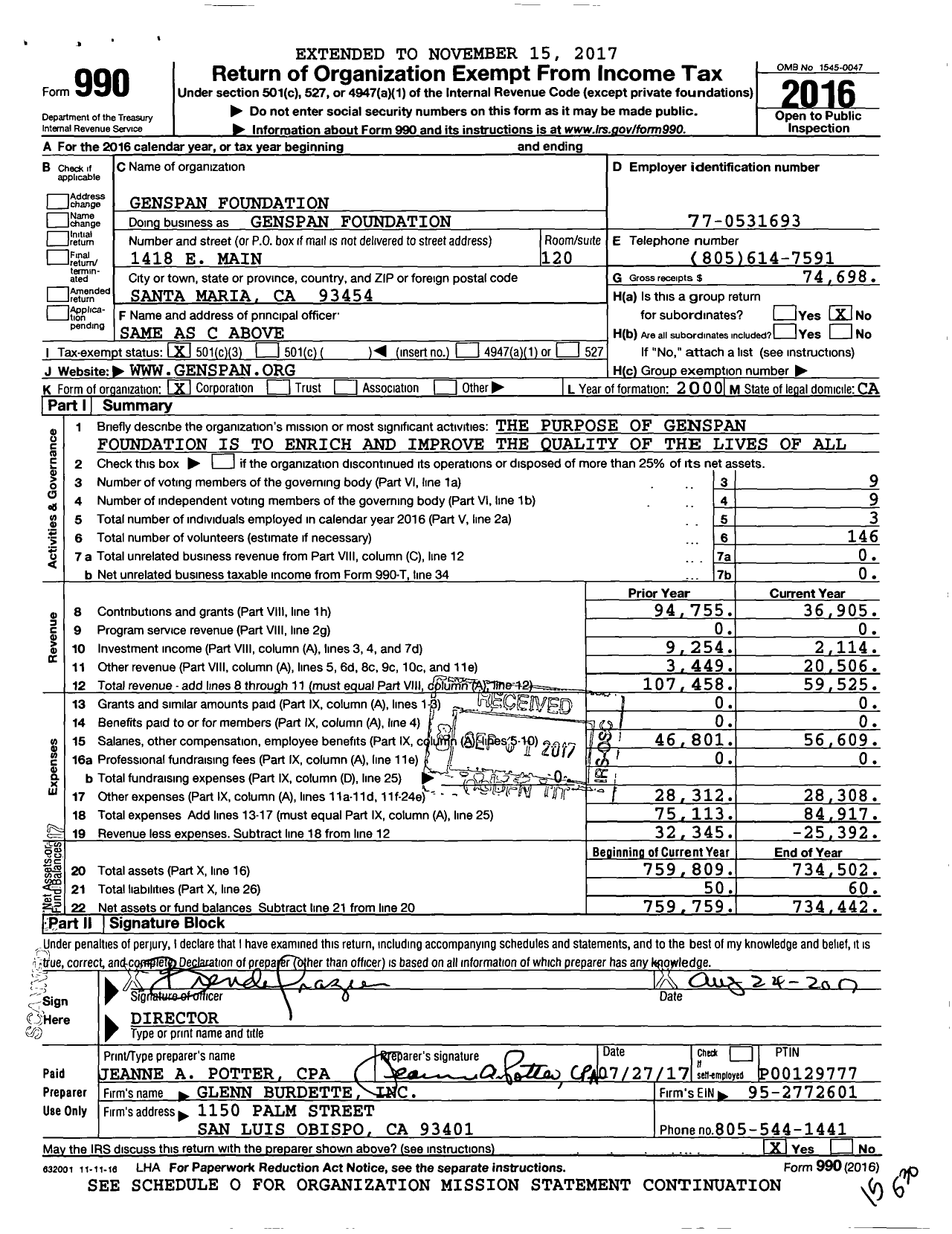 Image of first page of 2016 Form 990 for Genspan Foundation