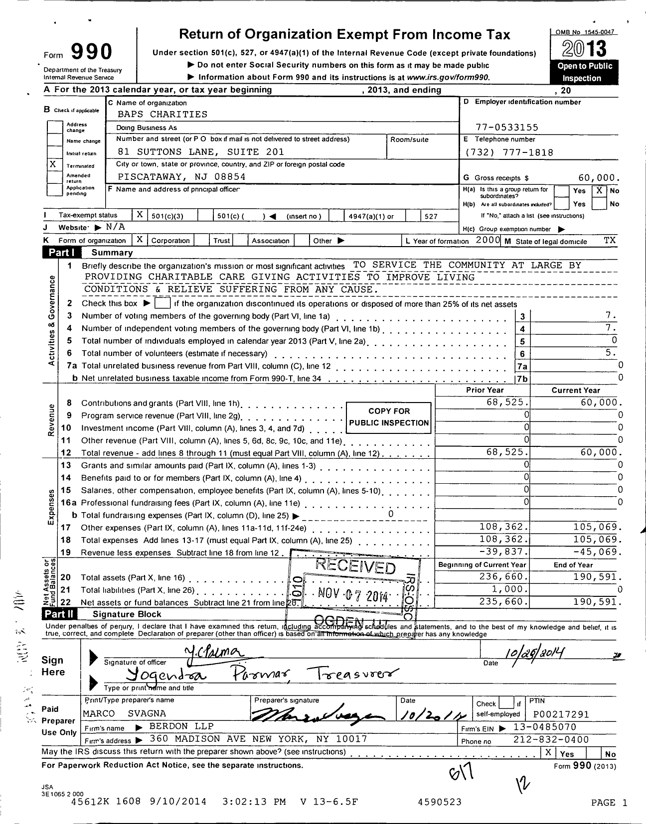 Image of first page of 2013 Form 990 for Baps Charities