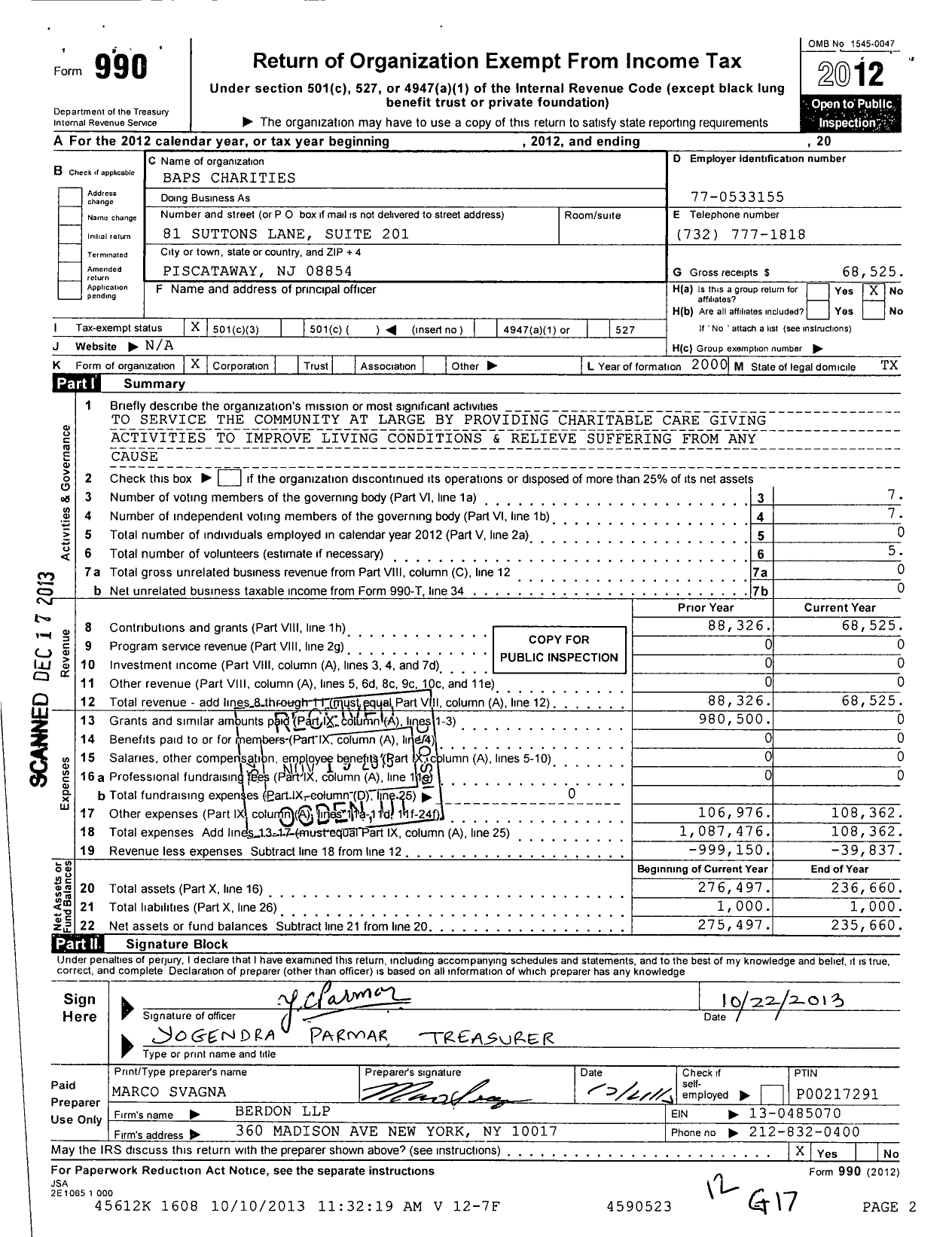 Image of first page of 2012 Form 990 for Baps Charities