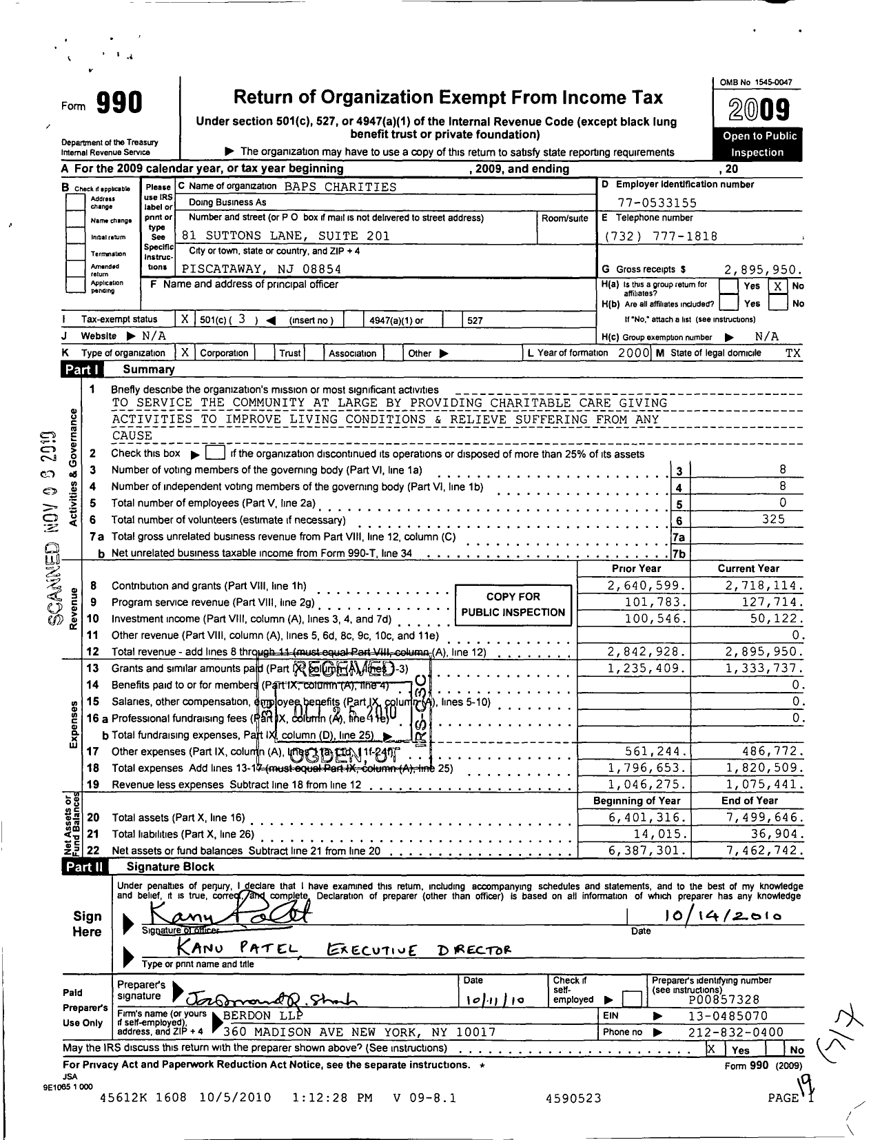 Image of first page of 2009 Form 990 for Baps Charities