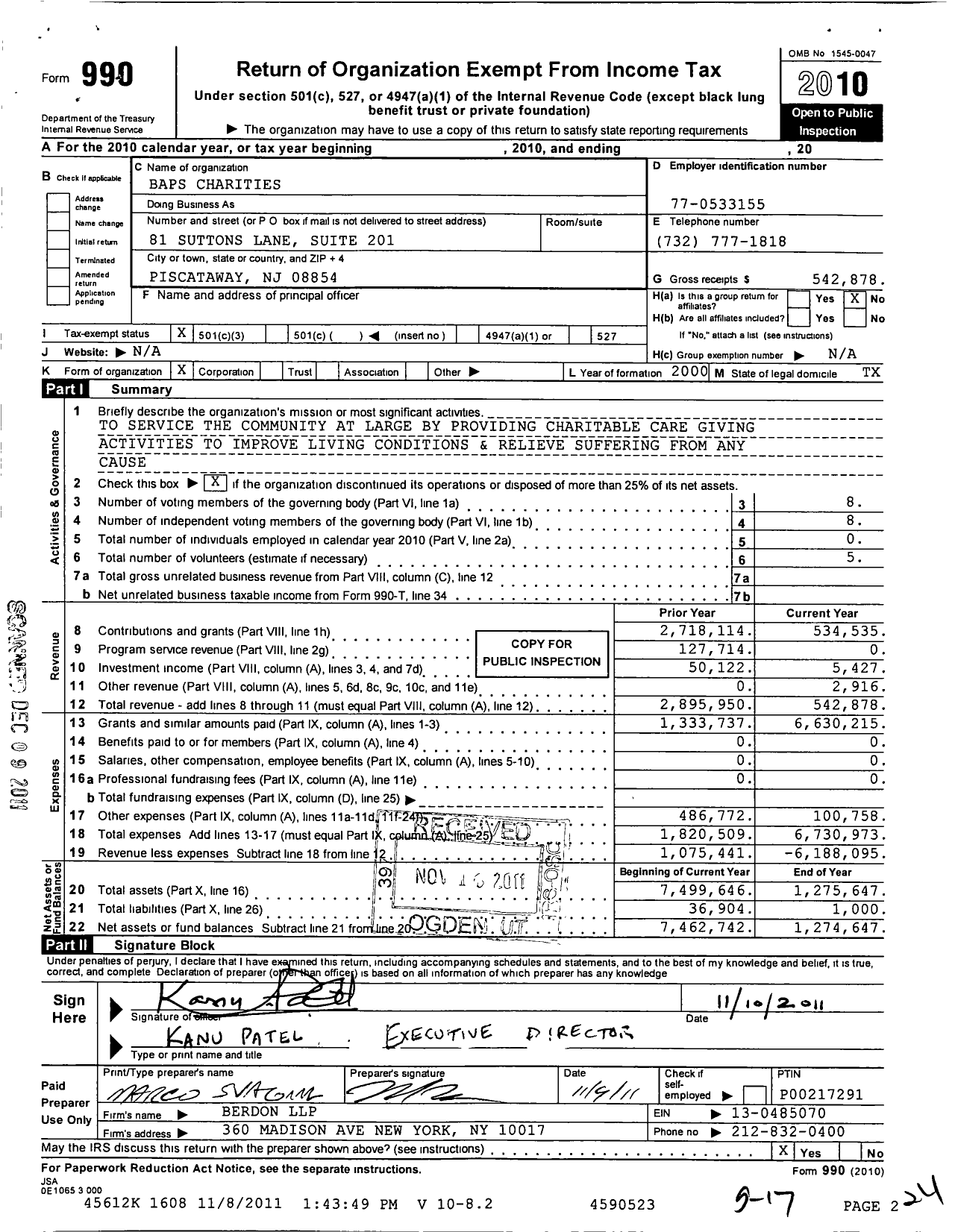 Image of first page of 2010 Form 990 for Baps Charities