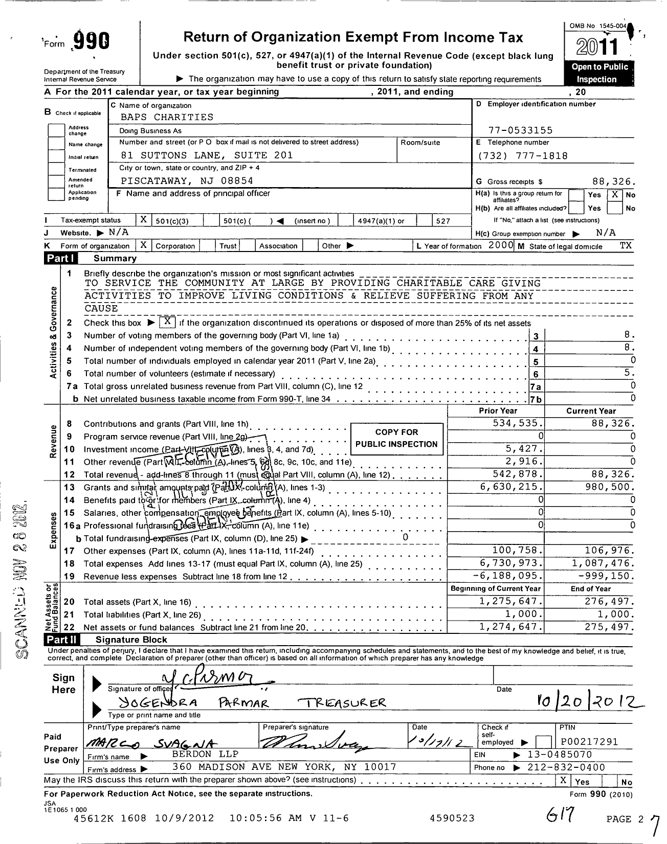 Image of first page of 2011 Form 990 for Baps Charities