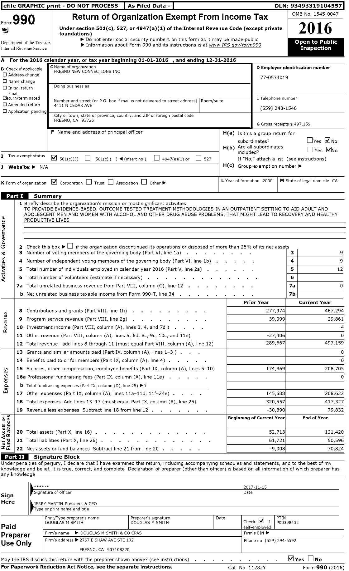 Image of first page of 2016 Form 990 for Fresno New Connections (FNC)