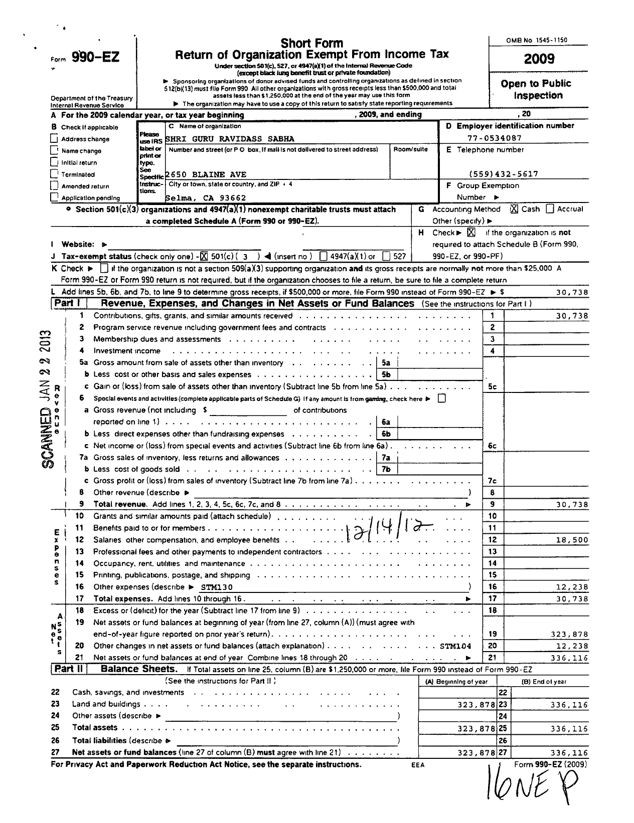 Image of first page of 2009 Form 990EZ for Shri Guru Ravidass Sabha