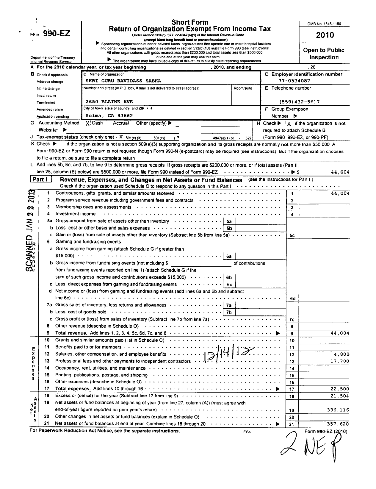 Image of first page of 2010 Form 990EZ for Shri Guru Ravidass Sabha