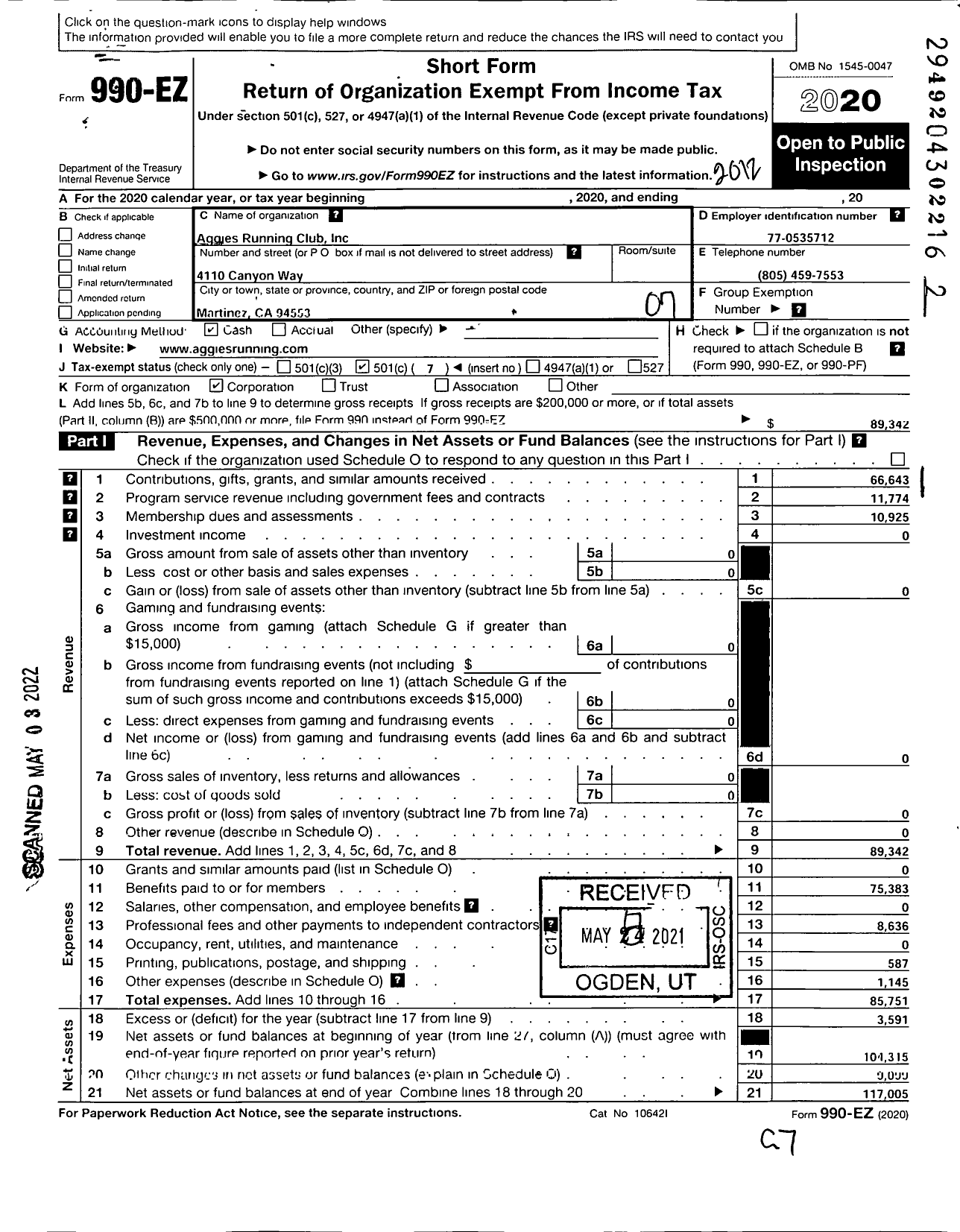 Image of first page of 2020 Form 990EO for Aggies Running Club