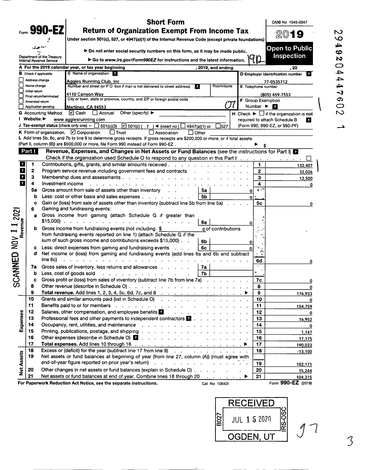 Image of first page of 2019 Form 990EO for Aggies Running Club