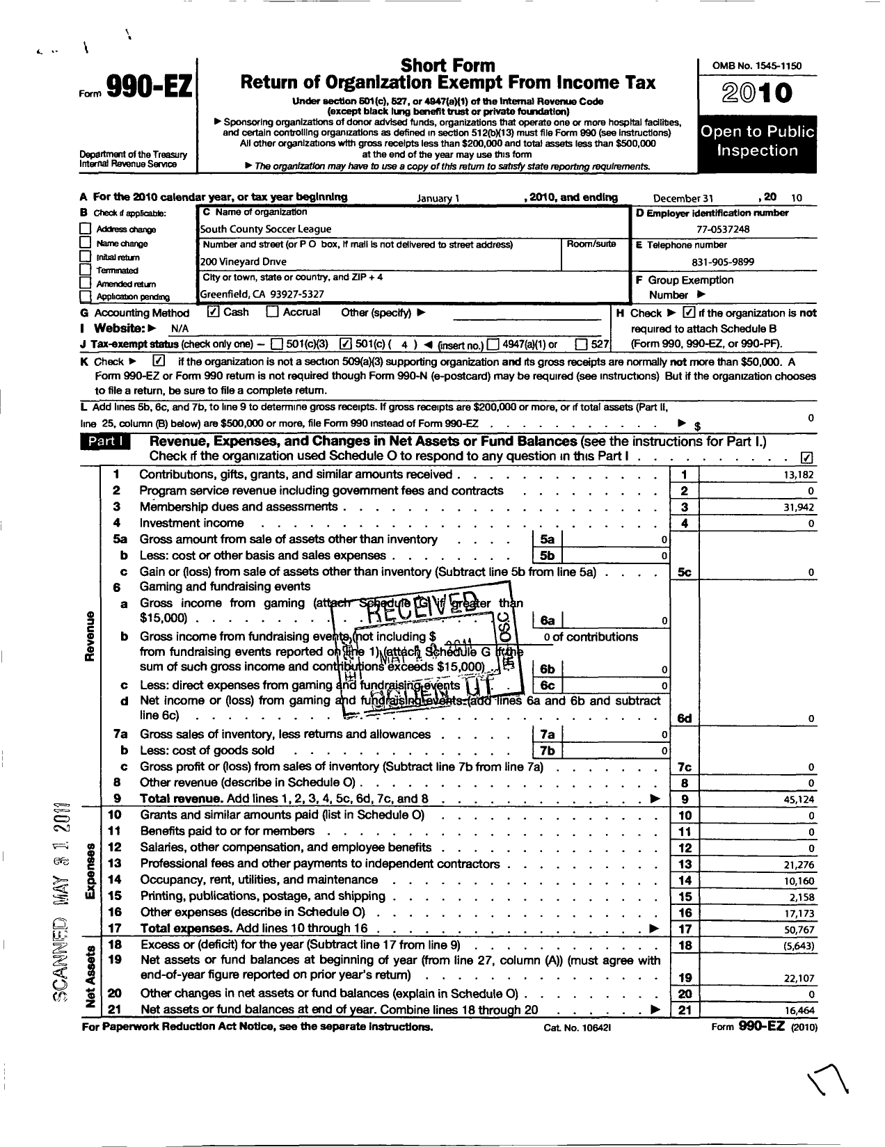 Image of first page of 2010 Form 990EO for South County Soccer League