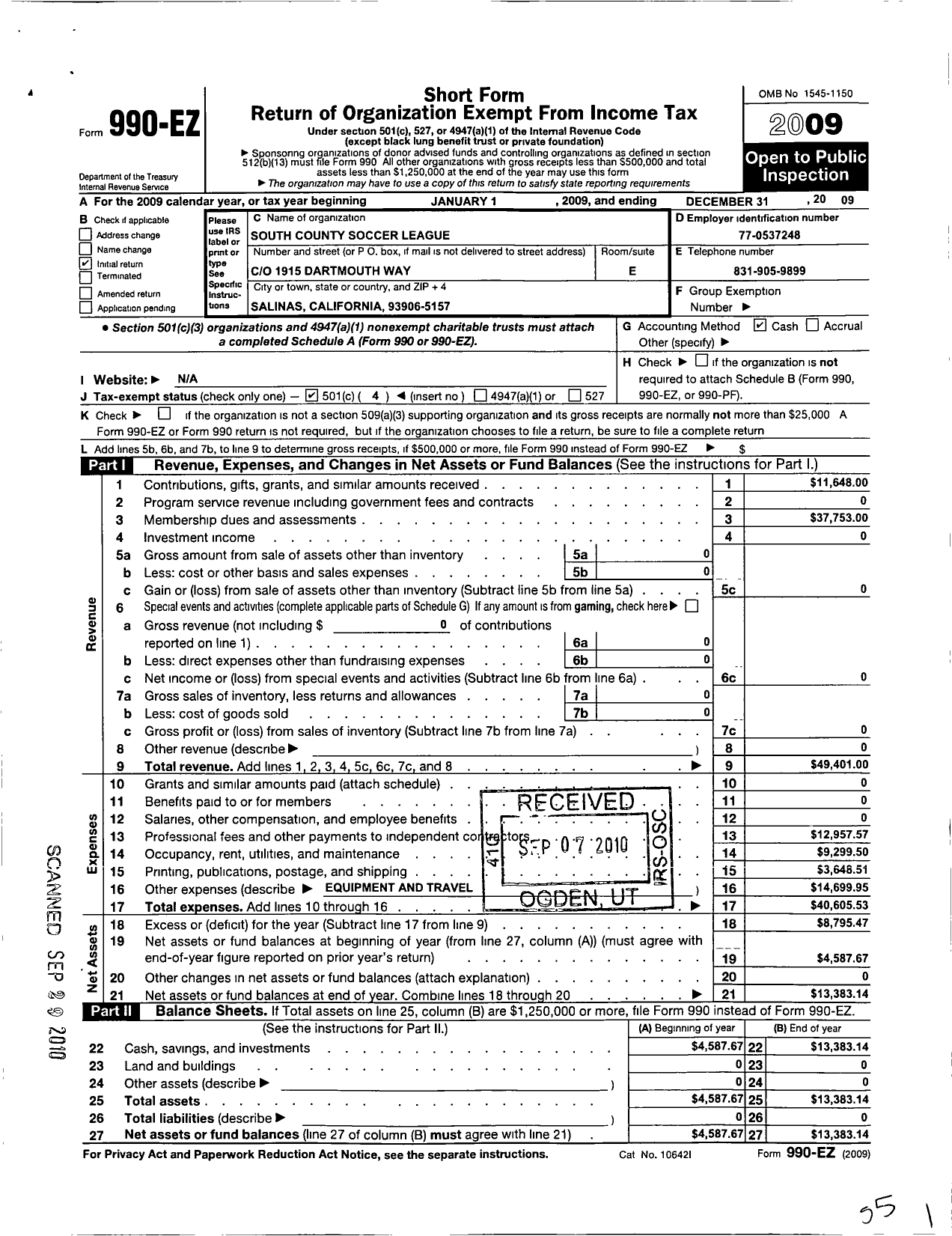 Image of first page of 2009 Form 990EO for South County Soccer League