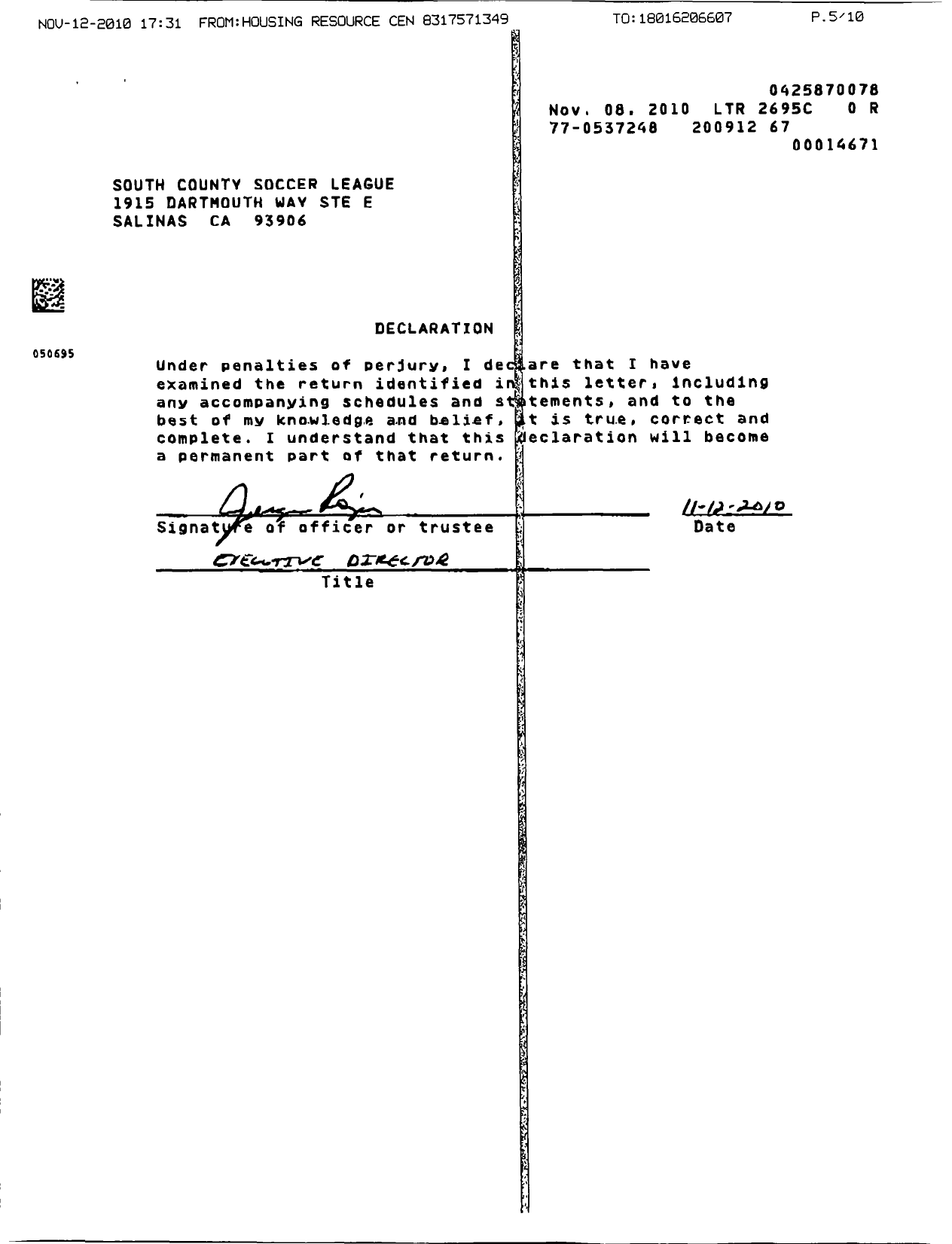 Image of first page of 2009 Form 990EOR for South County Soccer League