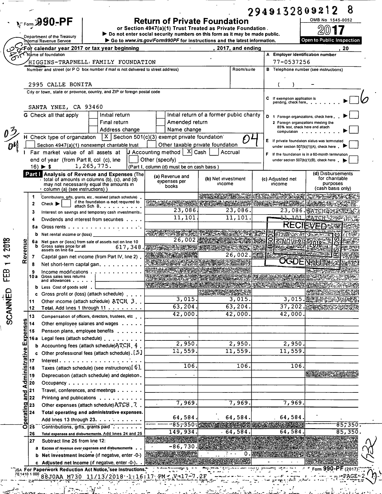 Image of first page of 2017 Form 990PF for Higgins-Trapnell Family Foundation