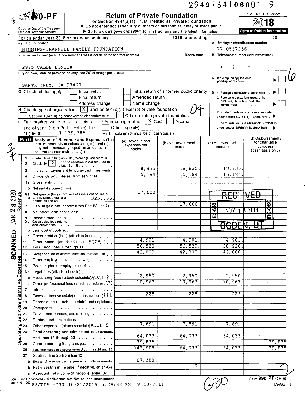 Image of first page of 2018 Form 990PF for Higgins-Trapnell Family Foundation