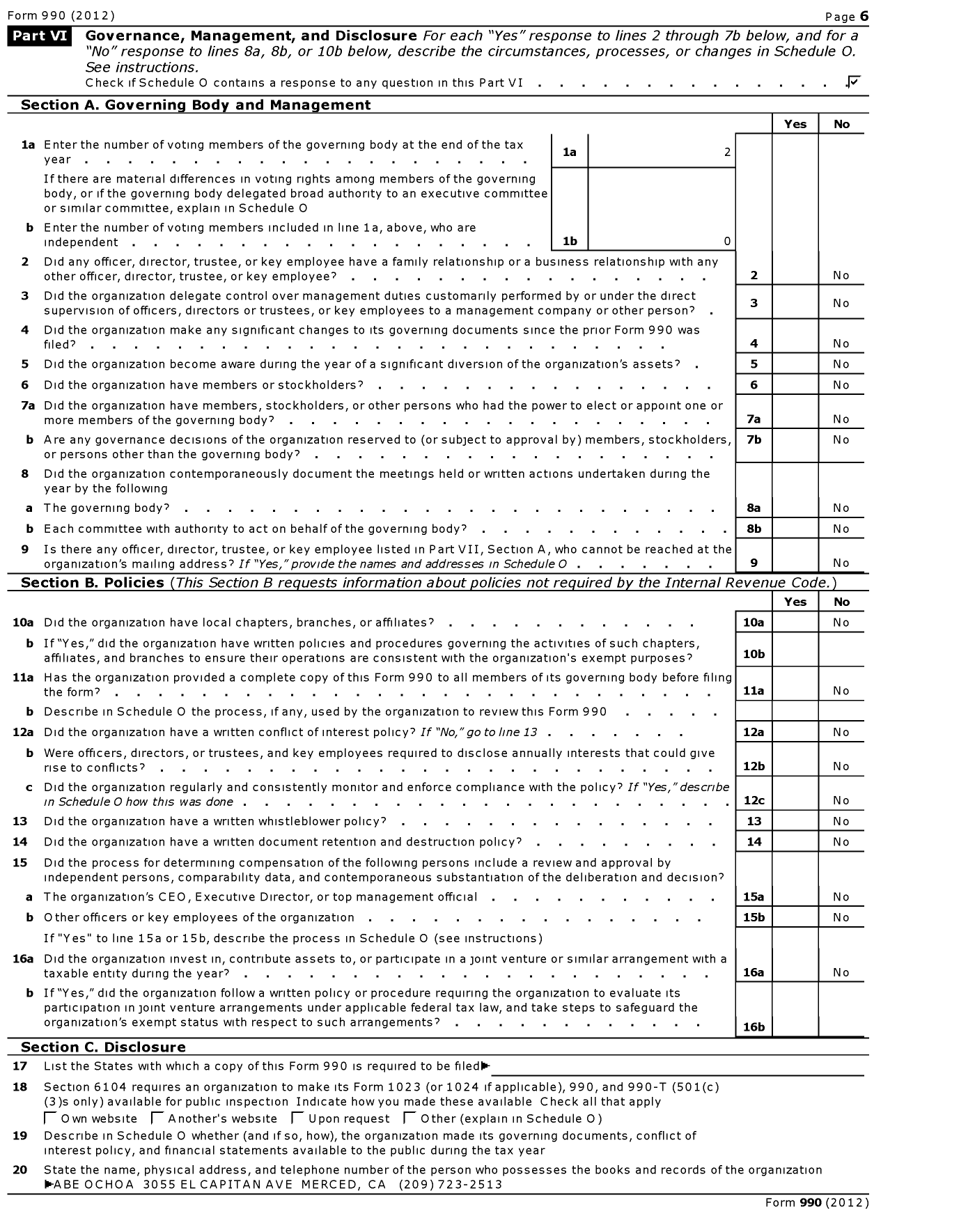 Image of first page of 2012 Form 990 for Truth Tabernacle of Merced