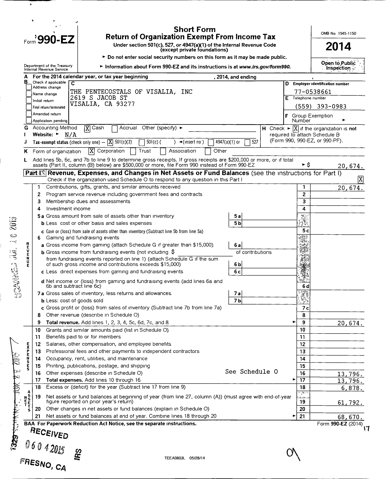 Image of first page of 2014 Form 990EZ for Truth Tabernacle of Merced