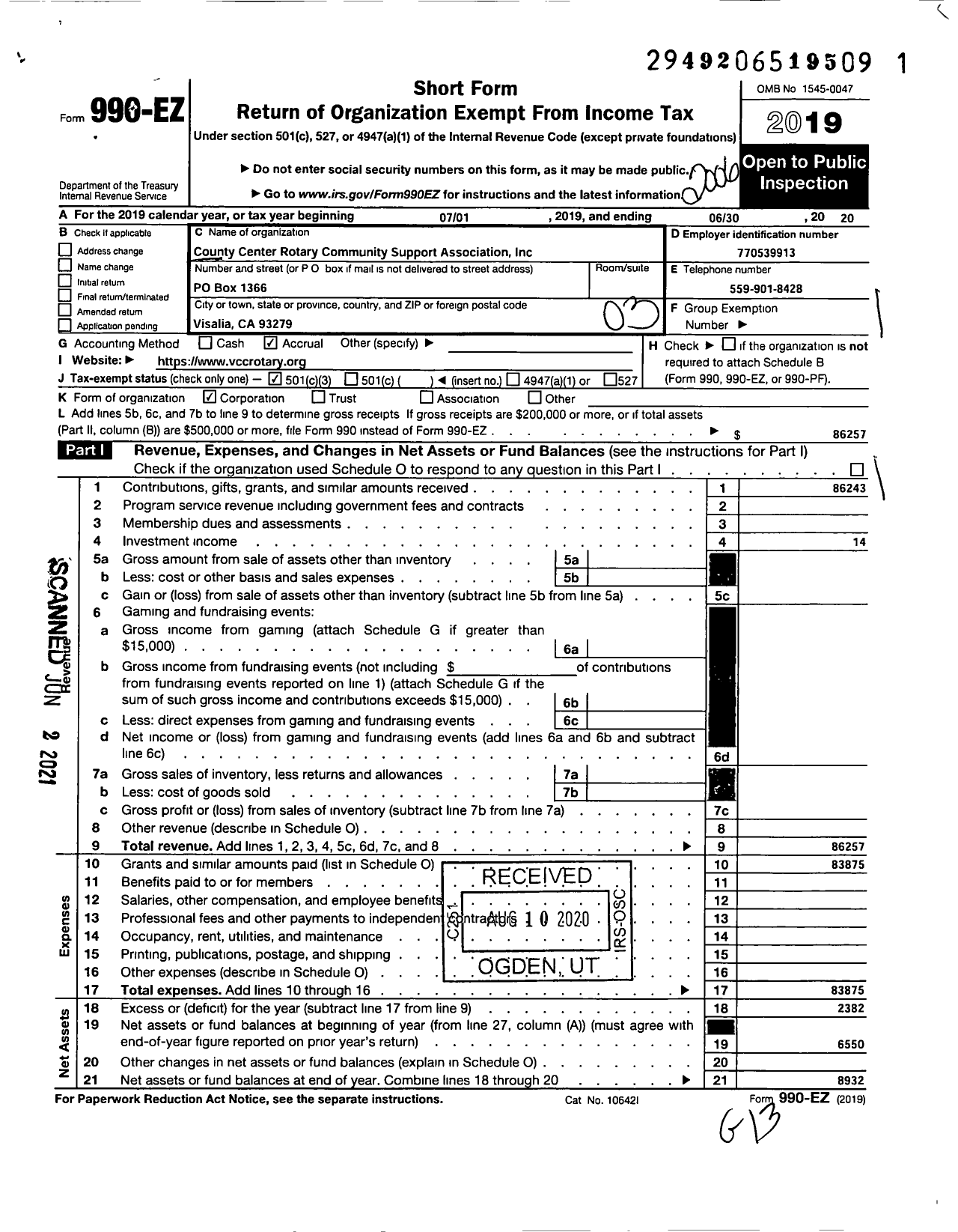 Image of first page of 2019 Form 990EZ for County Center Rotary Community Support