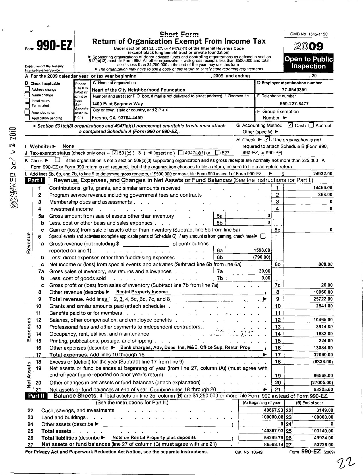 Image of first page of 2009 Form 990EZ for Heart of the City Neighborhood