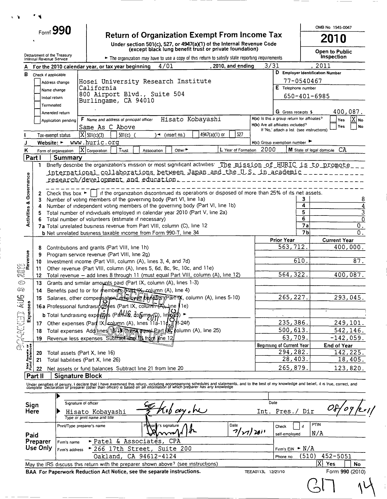 Image of first page of 2010 Form 990 for Hosei University Research Institute California (HURIC)