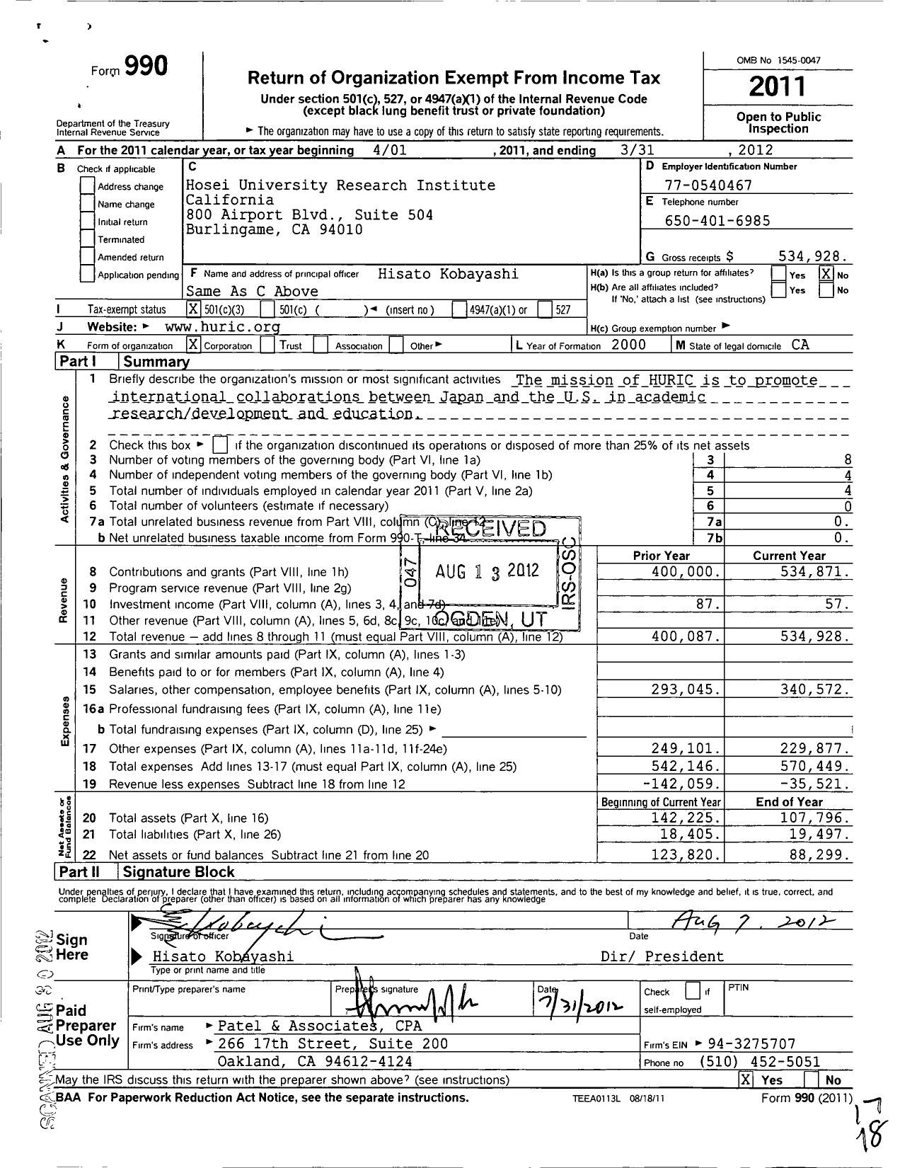 Image of first page of 2011 Form 990 for Hosei University Research Institute California (HURIC)