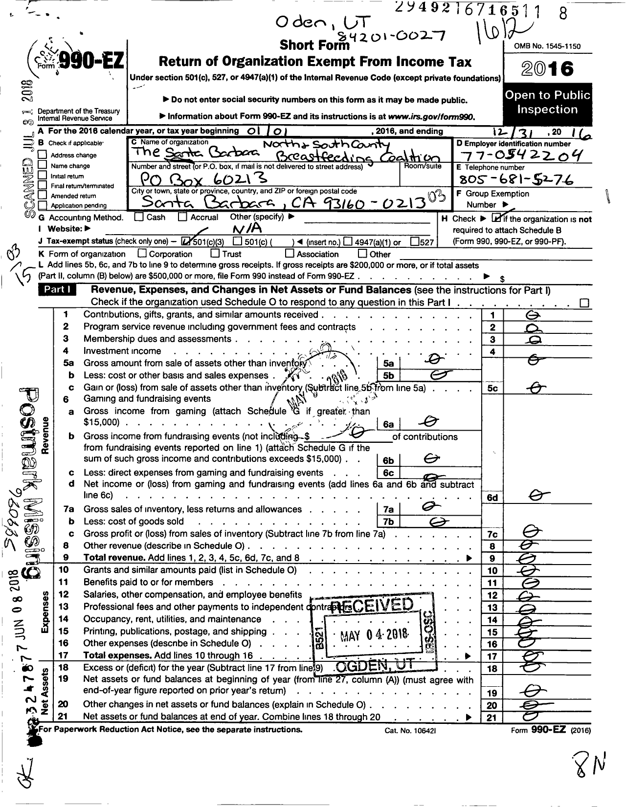 Image of first page of 2016 Form 990EZ for Santa Barbara North and South County Breastfeeding Coalition