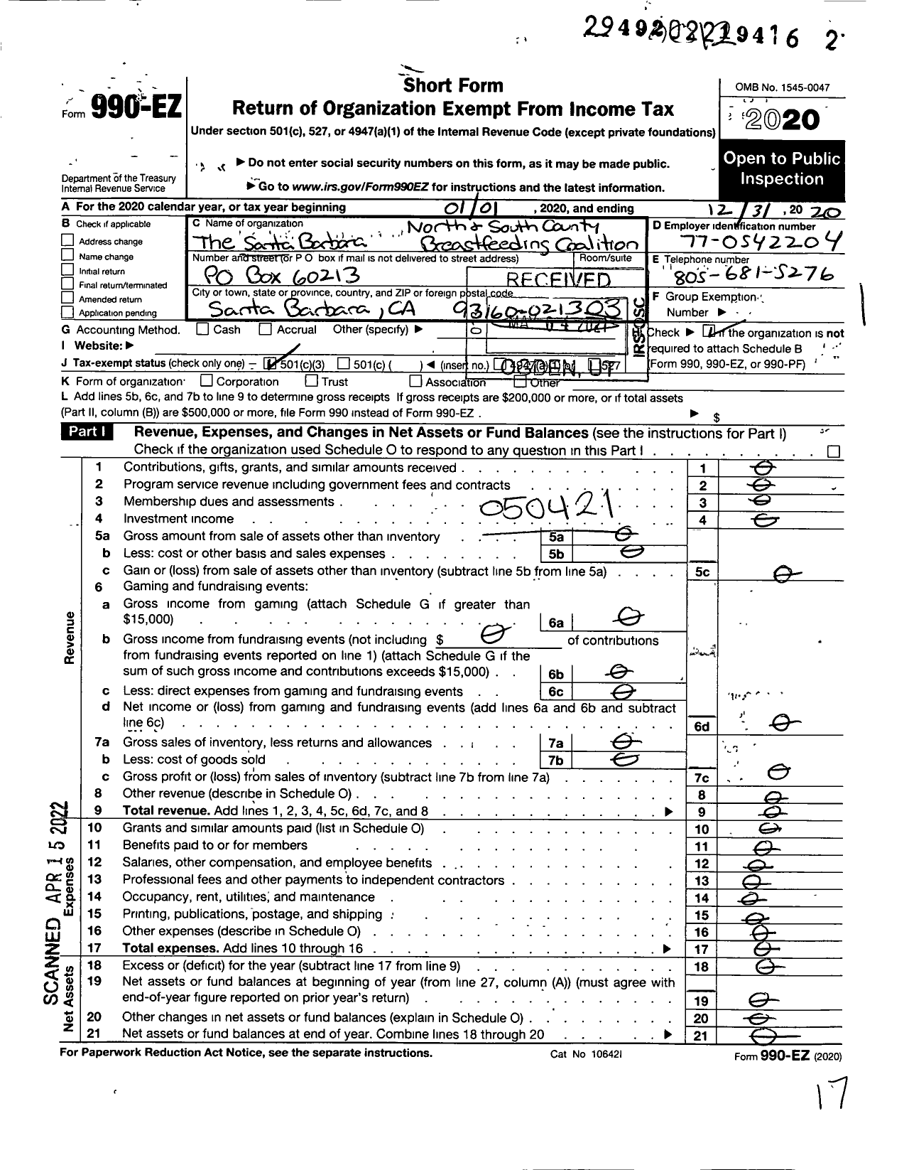 Image of first page of 2020 Form 990EZ for Santa Barbara North and South County Breastfeeding Coalition