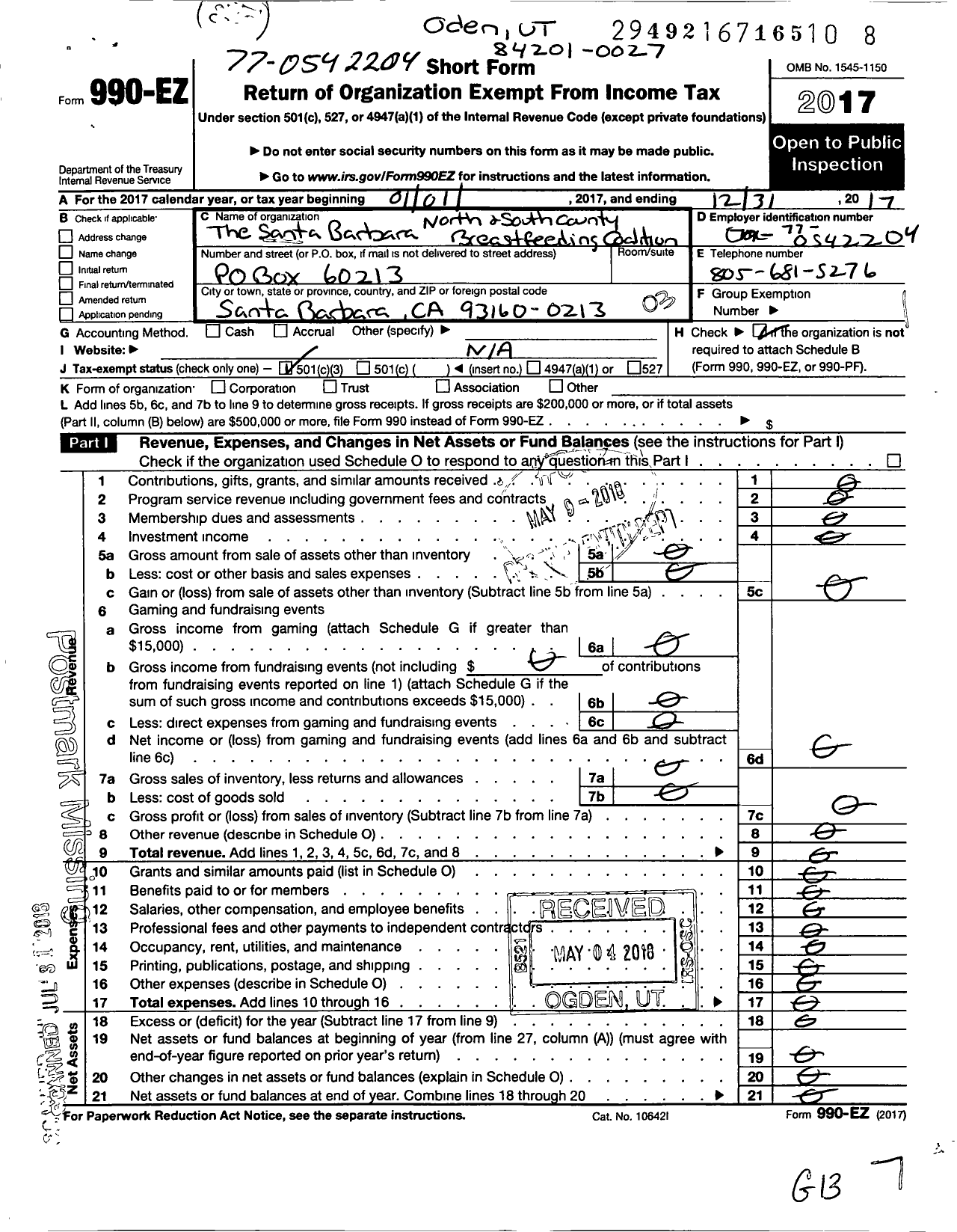 Image of first page of 2017 Form 990EZ for Santa Barbara North and South County Breastfeeding Coalition