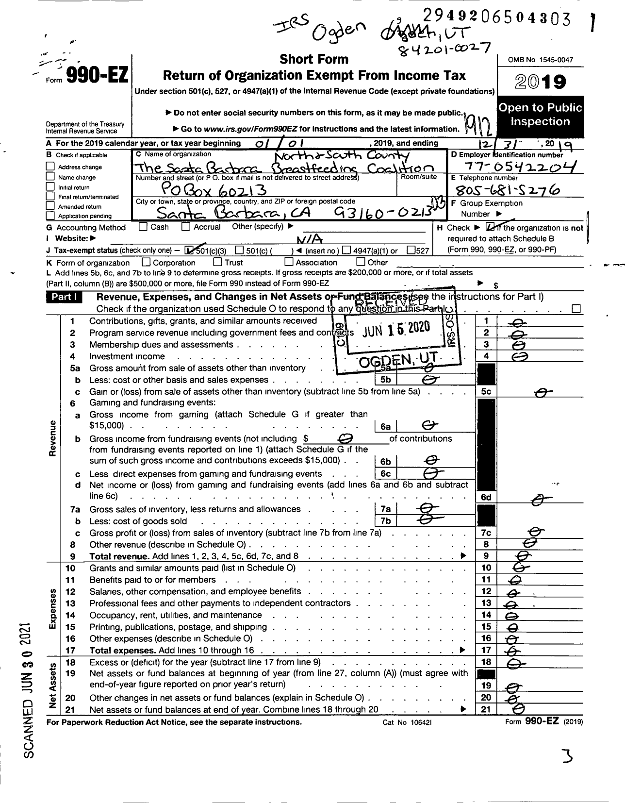 Image of first page of 2019 Form 990EZ for Santa Barbara North and South County Breastfeeding Coalition