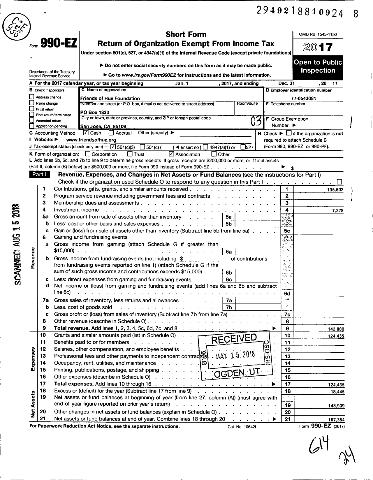 Image of first page of 2017 Form 990EZ for Friends of Hue