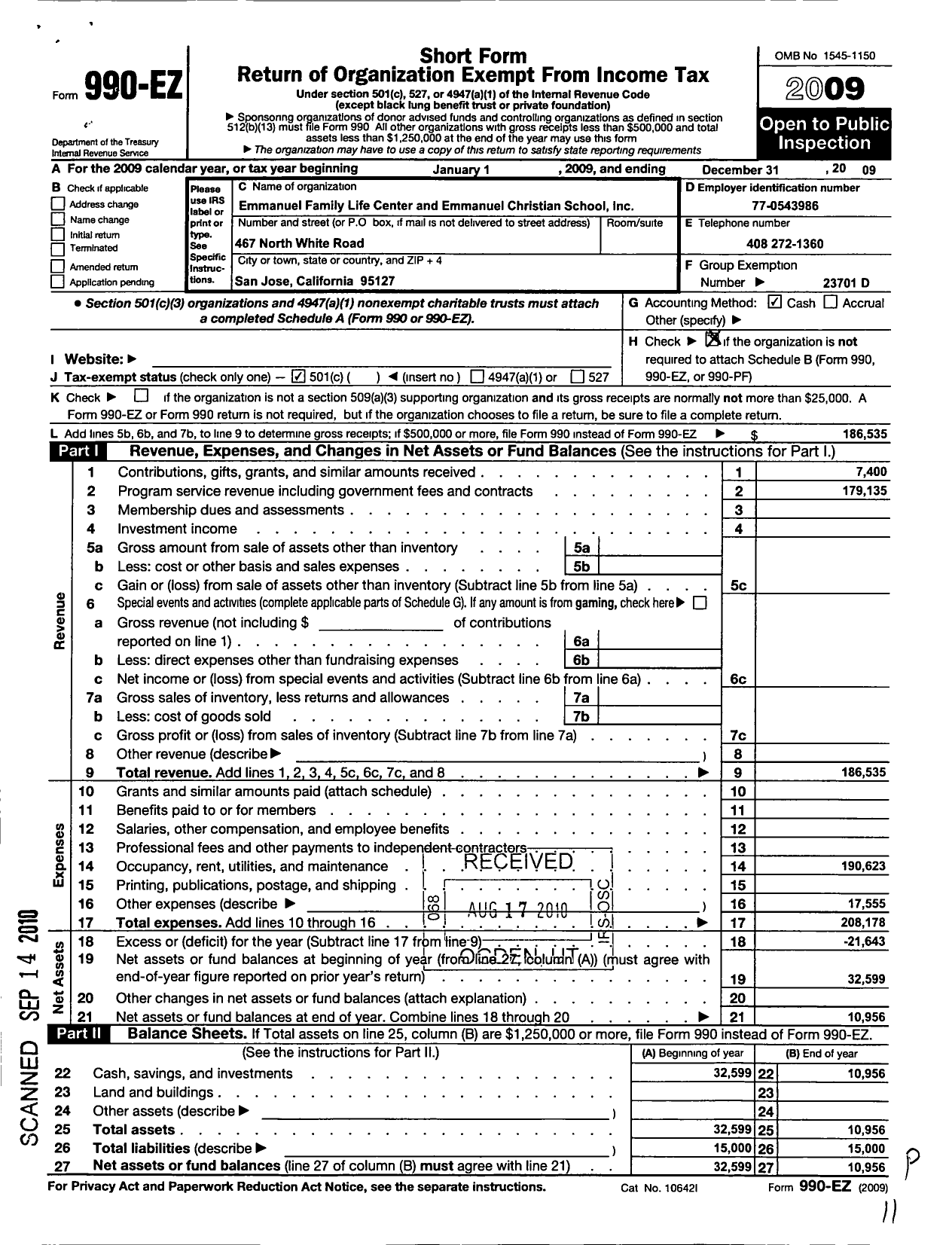 Image of first page of 2009 Form 990EO for Emmanuel Family Life Center and Emmanuel Christian School