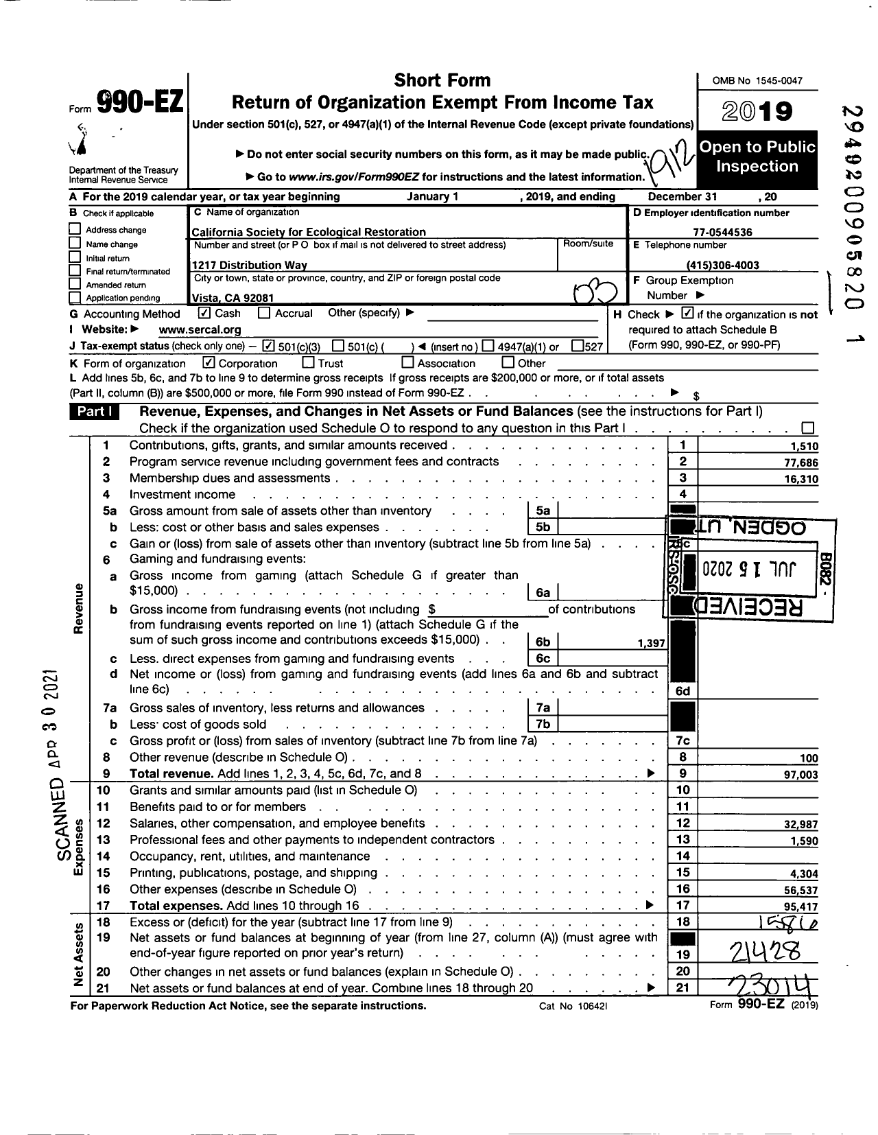 Image of first page of 2019 Form 990EZ for California Society for Ecological Restoration