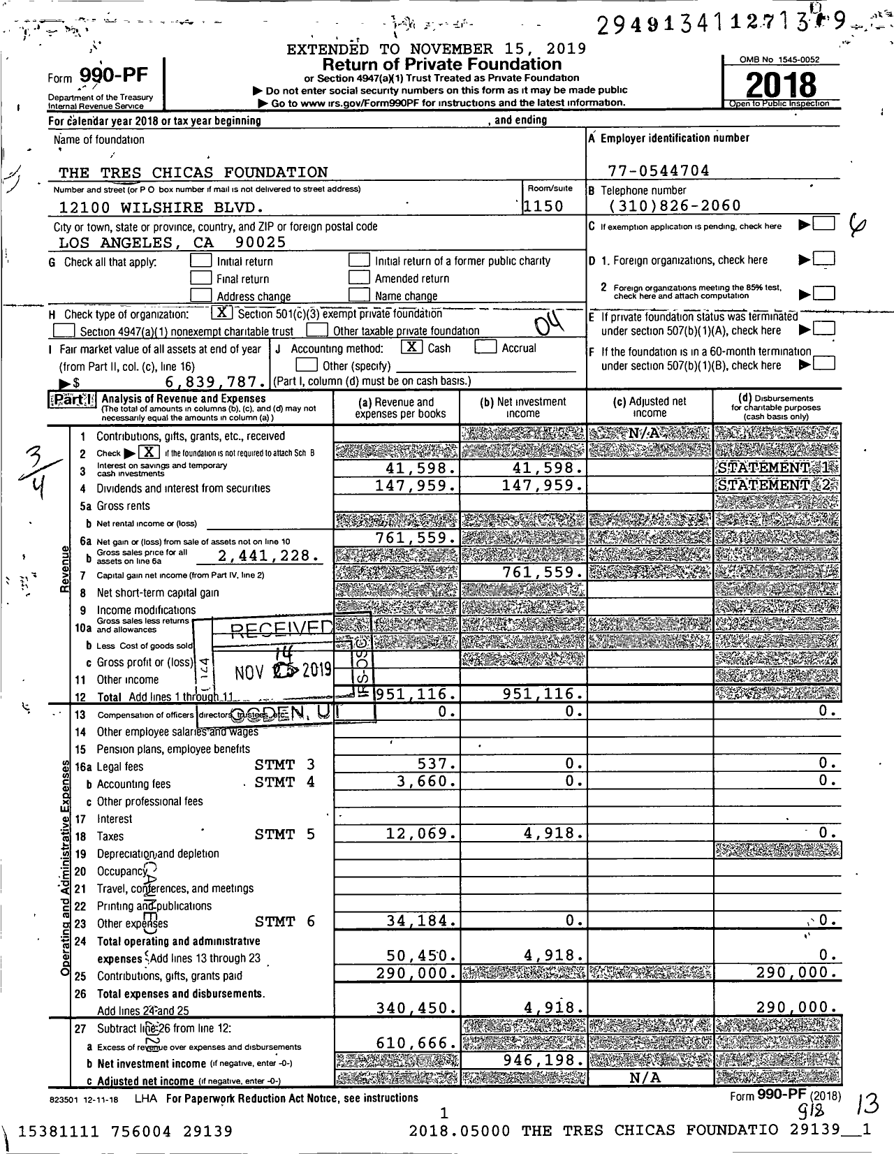 Image of first page of 2018 Form 990PF for The Tres Chicas Foundation