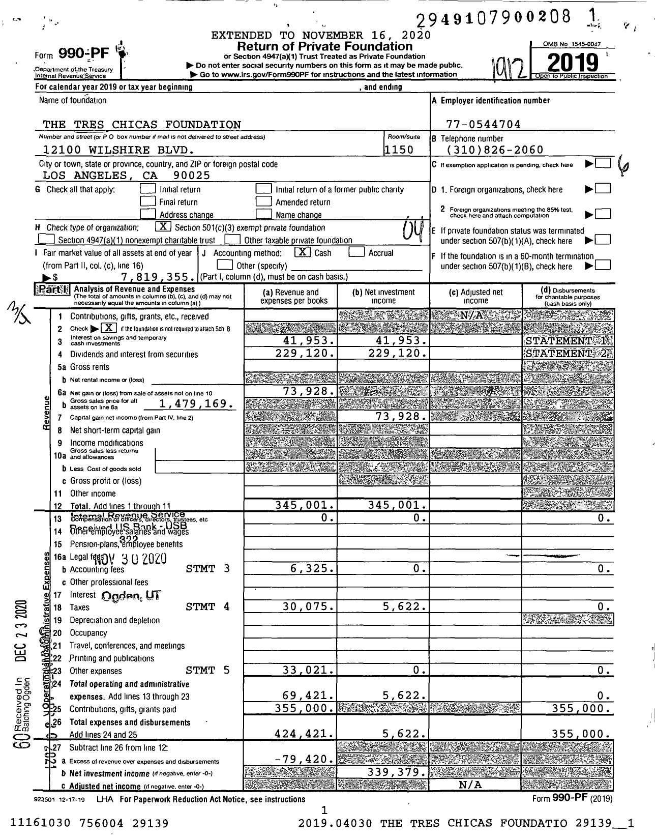 Image of first page of 2019 Form 990PF for The Tres Chicas Foundation