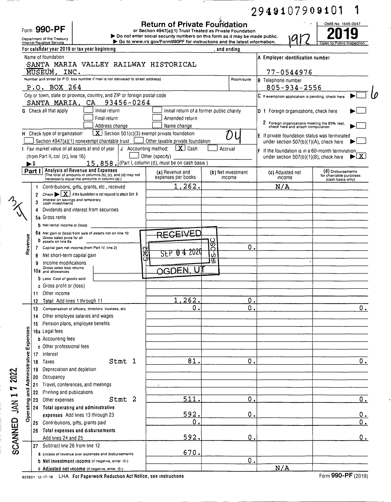 Image of first page of 2019 Form 990PF for Santa Maria Valley Railway Historical Museum