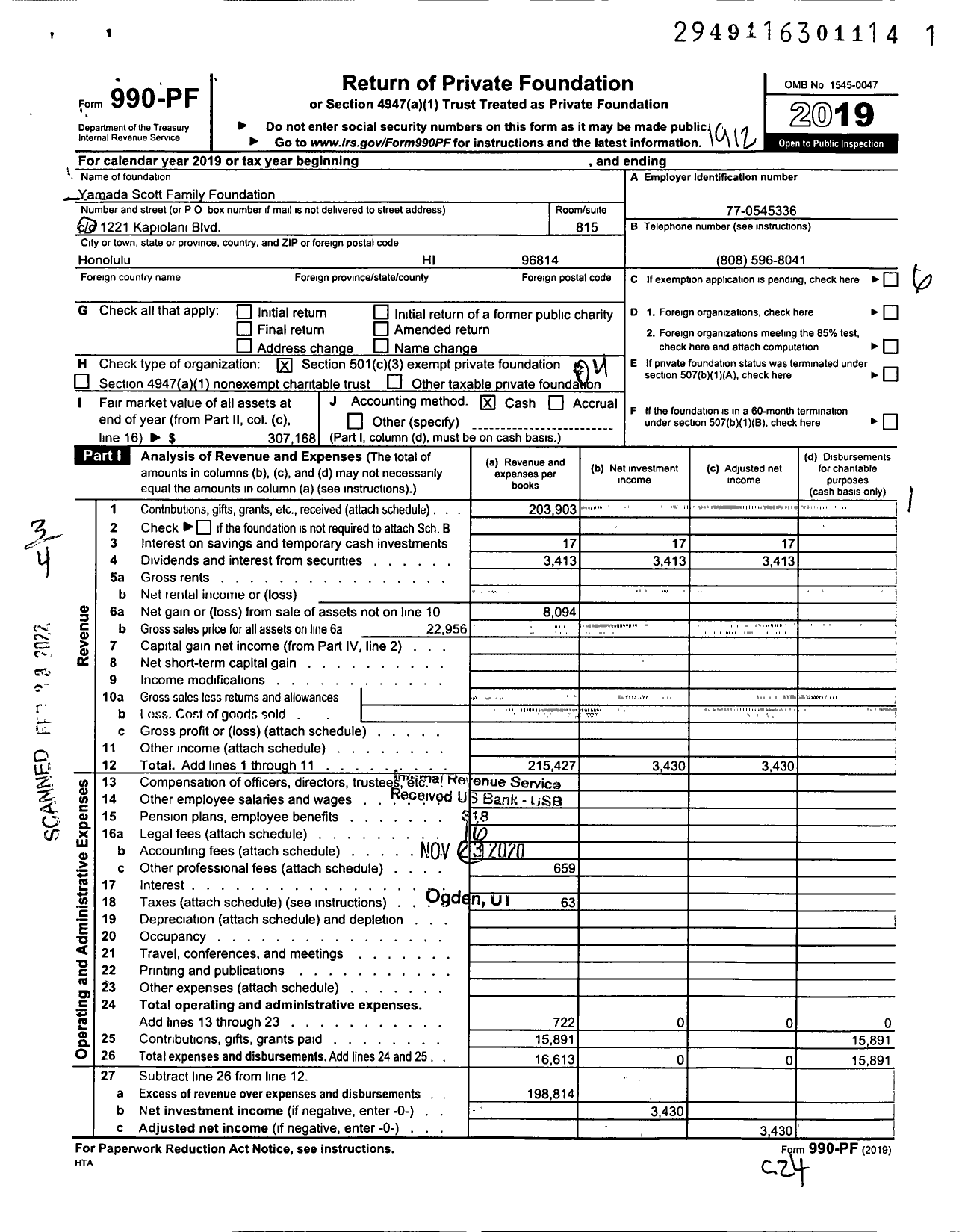 Image of first page of 2019 Form 990PF for Yamada Scott Family Foundation