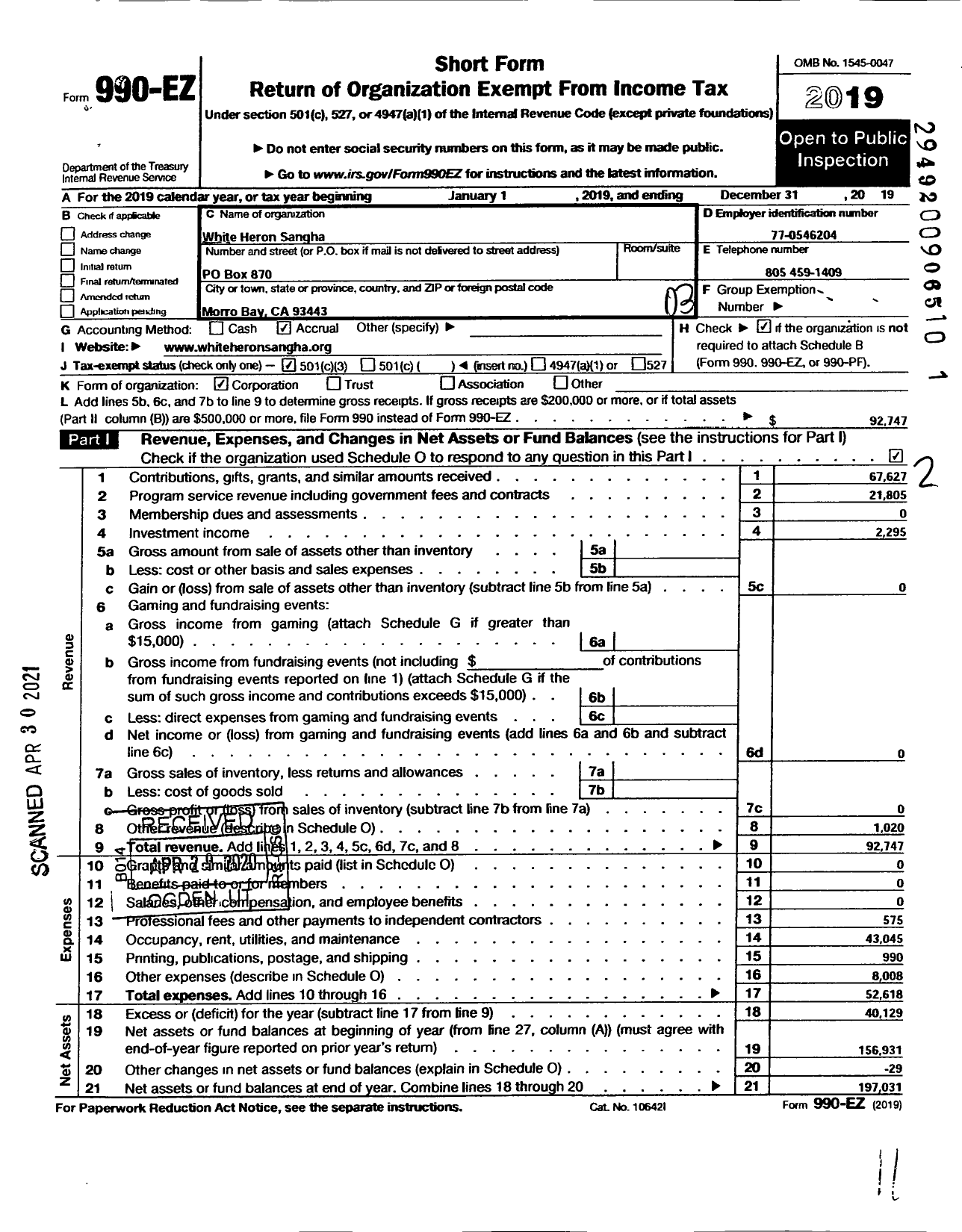 Image of first page of 2019 Form 990EZ for White Heron Sangha