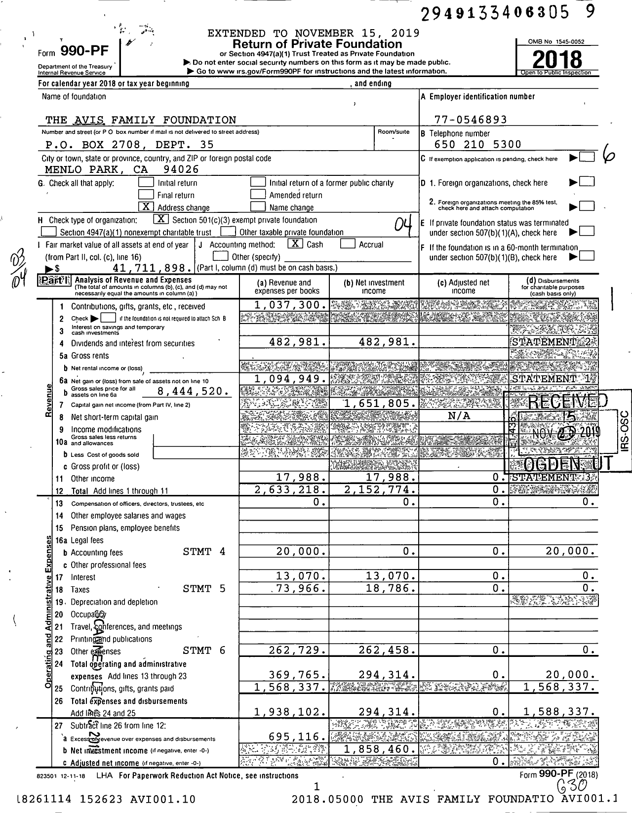 Image of first page of 2018 Form 990PF for The Avis Family Foundation