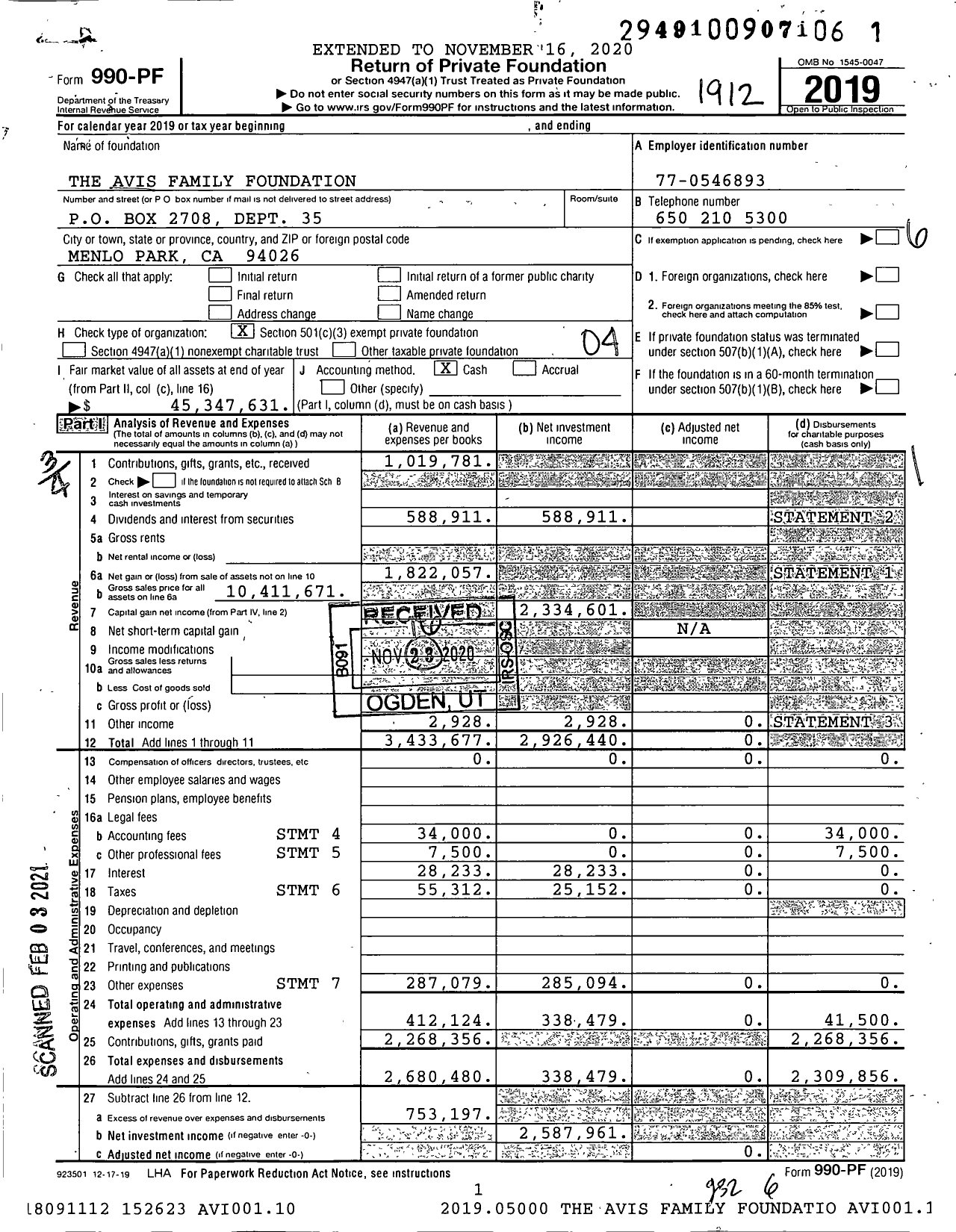 Image of first page of 2019 Form 990PF for The Avis Family Foundation