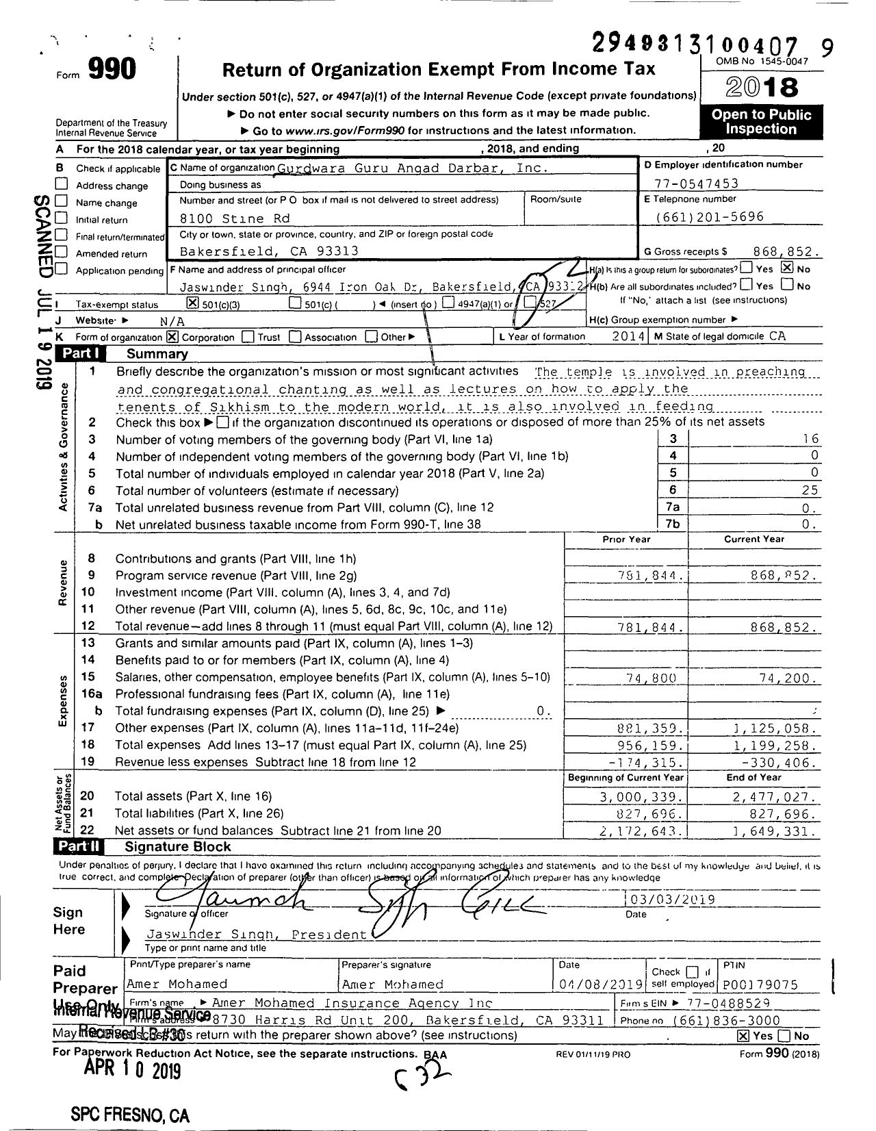 Image of first page of 2018 Form 990 for Gurdwara Guru Angad Darbar