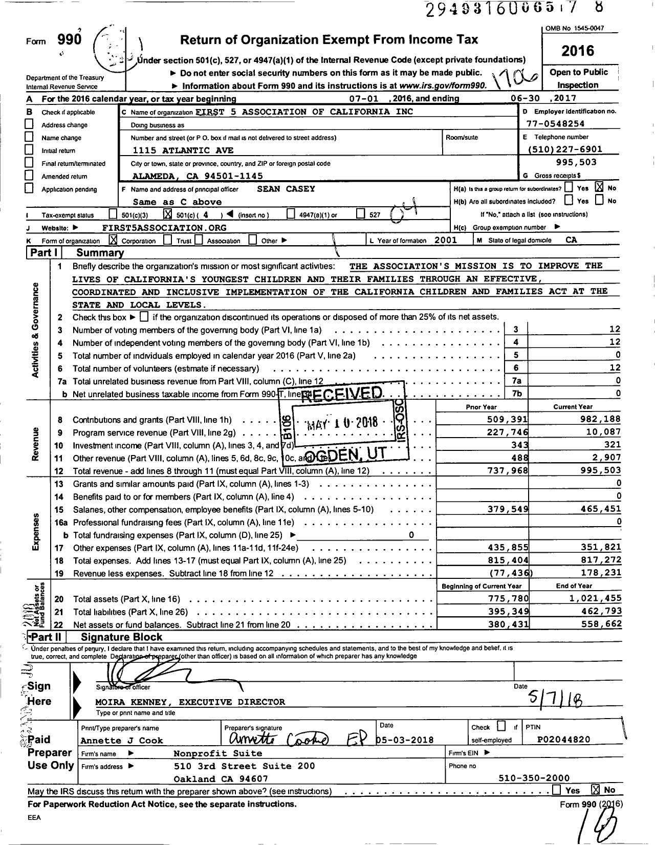 Image of first page of 2016 Form 990O for First 5 Association of California