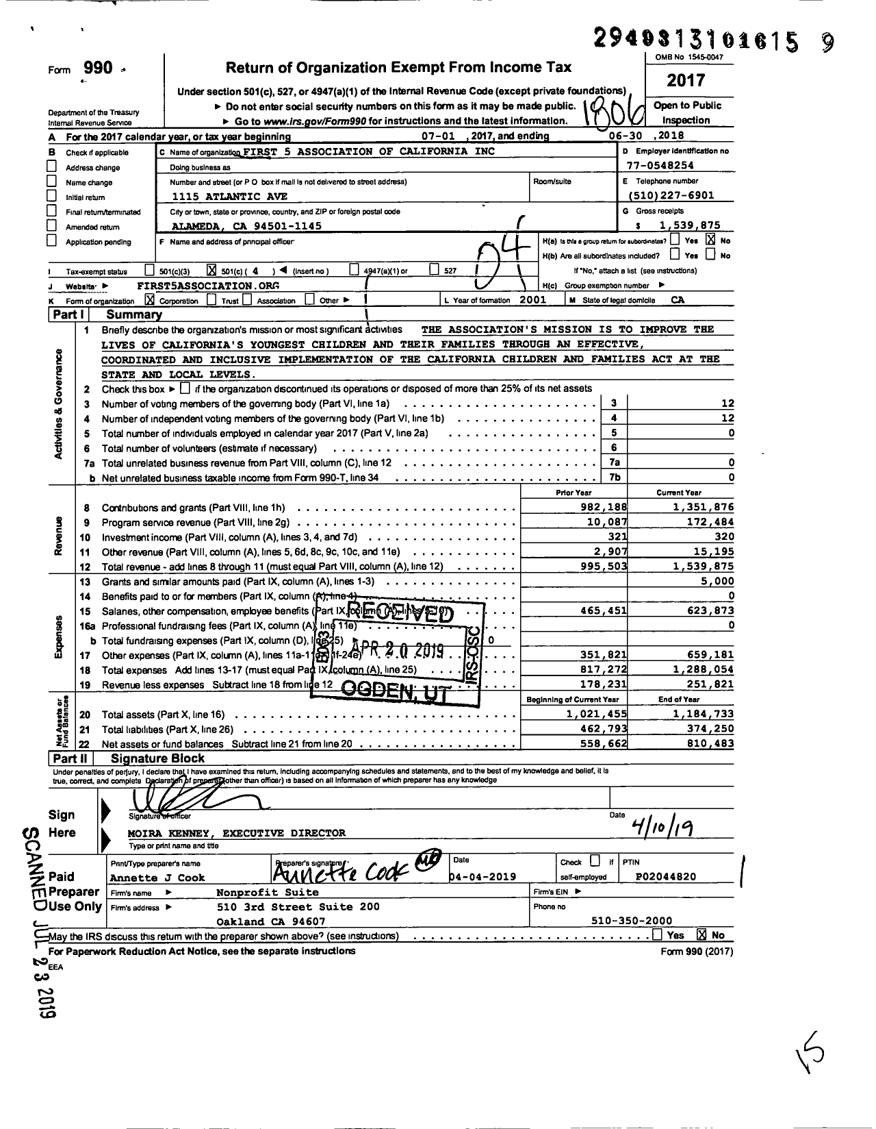 Image of first page of 2017 Form 990O for First 5 Association of California
