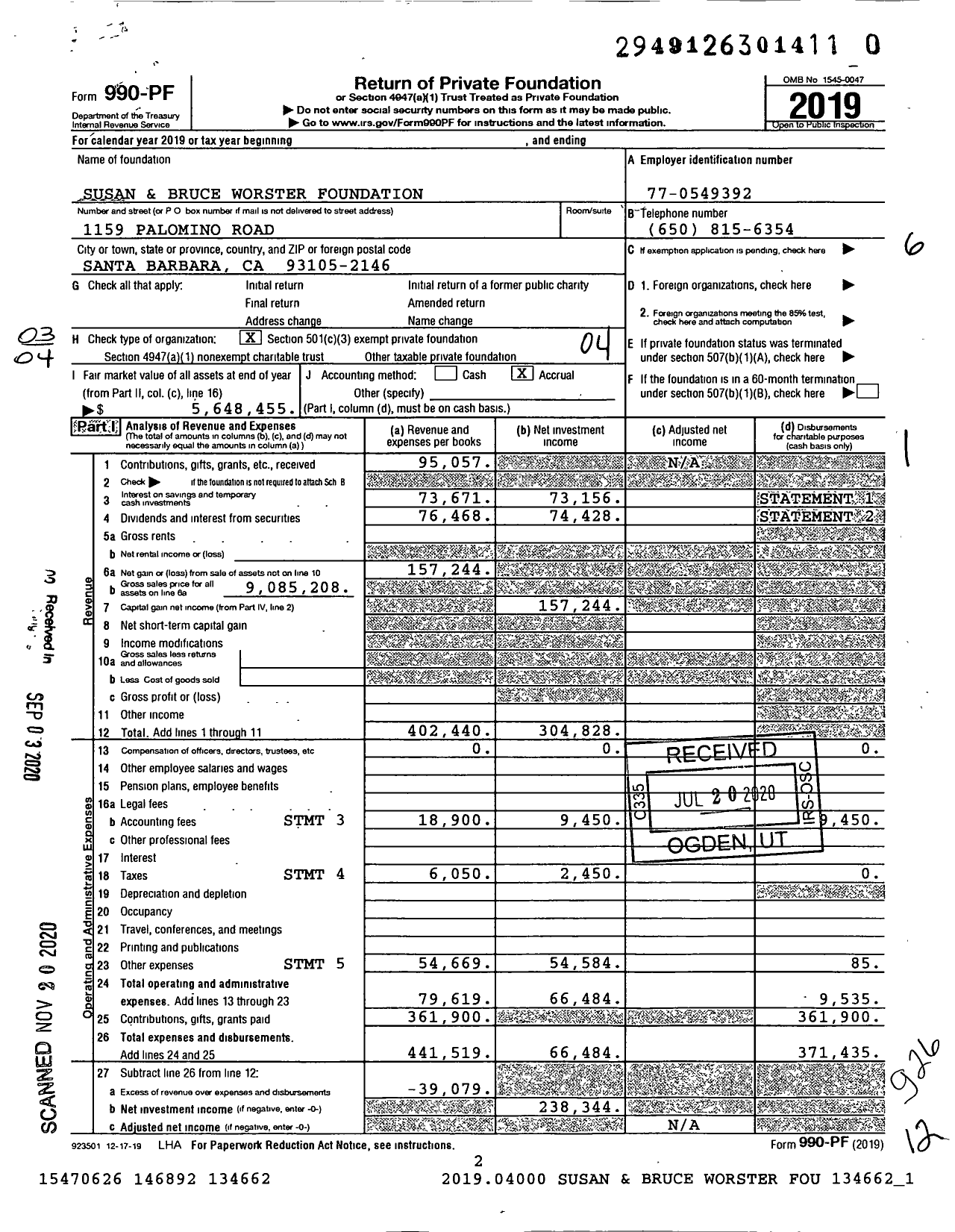 Image of first page of 2019 Form 990PF for Susan and Bruce Worster Foundation