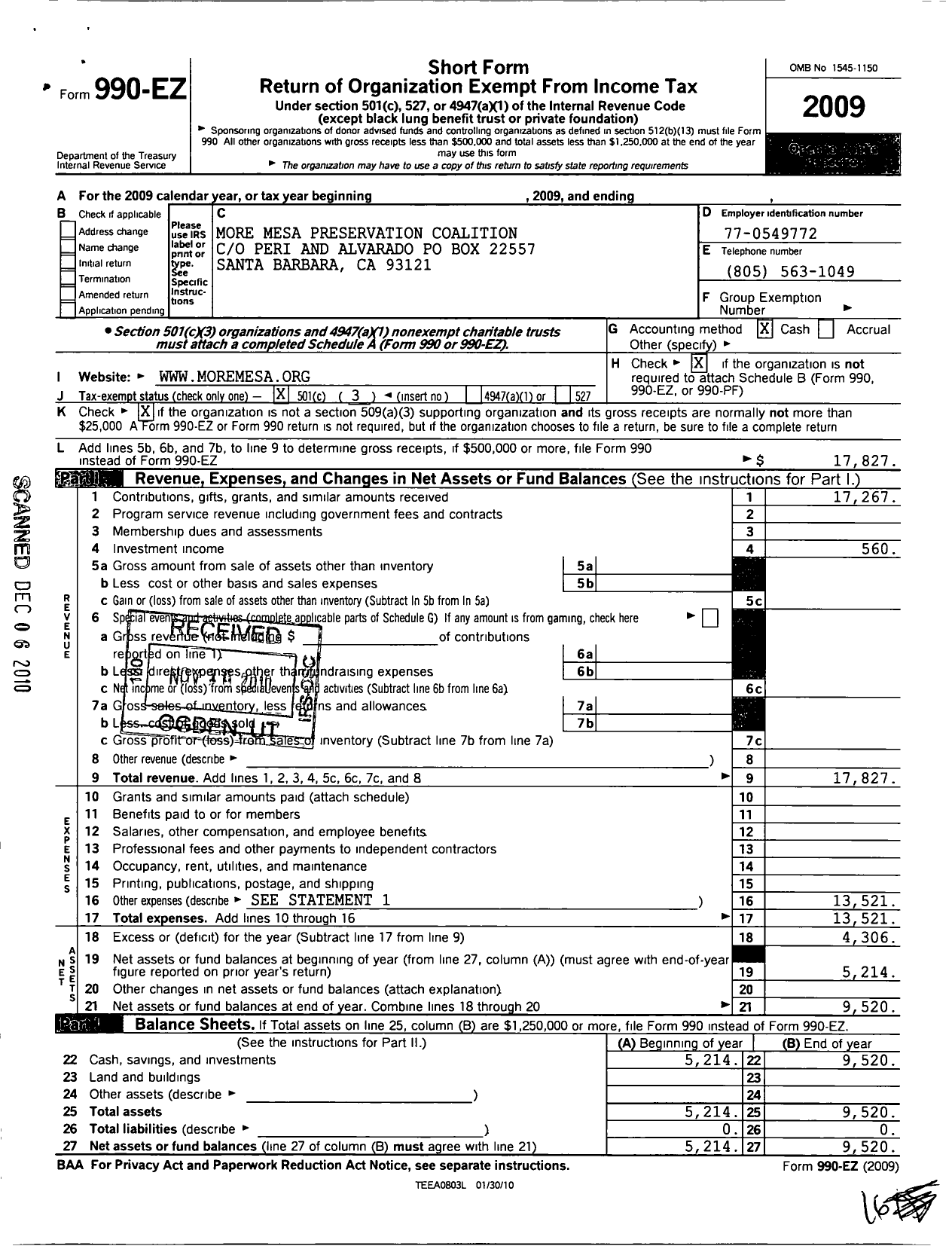 Image of first page of 2009 Form 990EZ for More Mesa Preservation Coalition